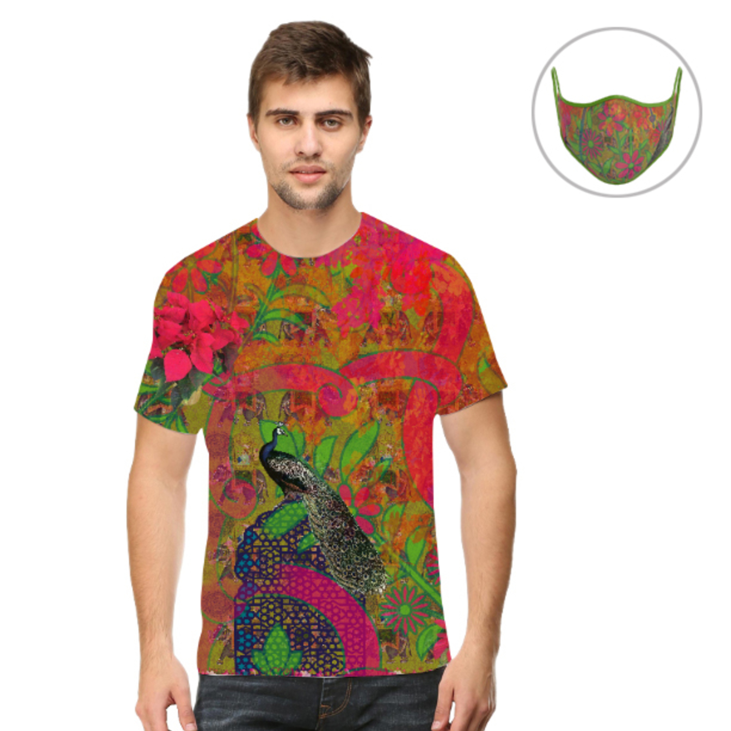 Men Peacock Theme T-Shirt Mask Combo