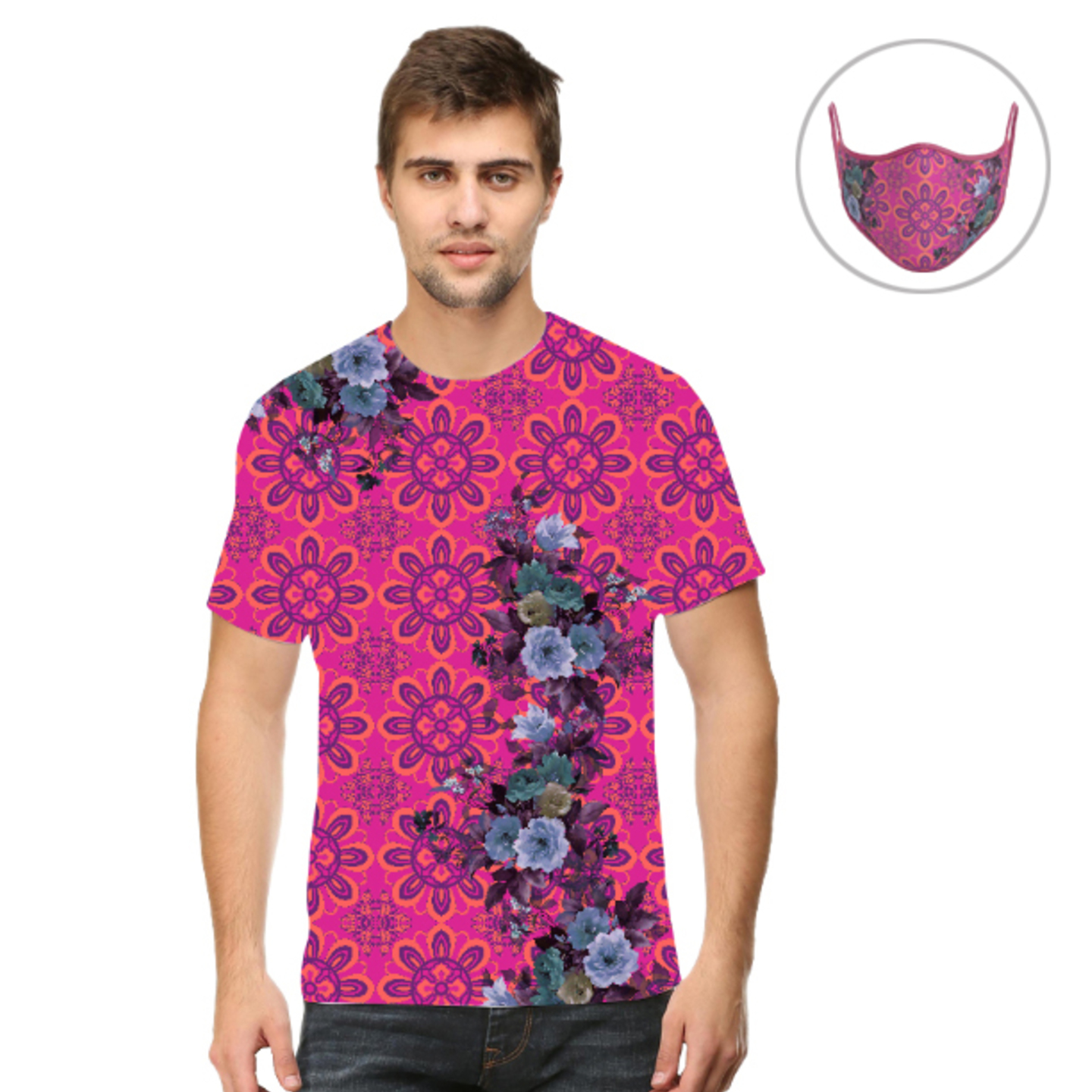 Men Pink and Blue Floral T-Shirt Mask Combo