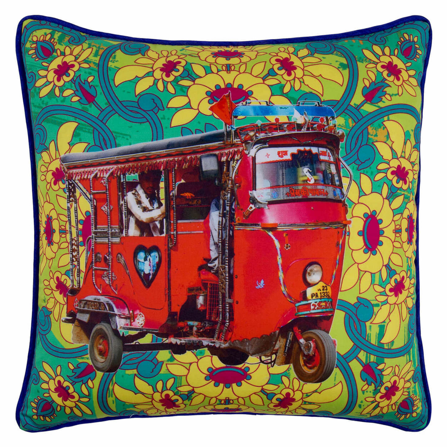 Lal Auto Rickshaw Glaze Cotton Cushion Cover 16x16 Inches