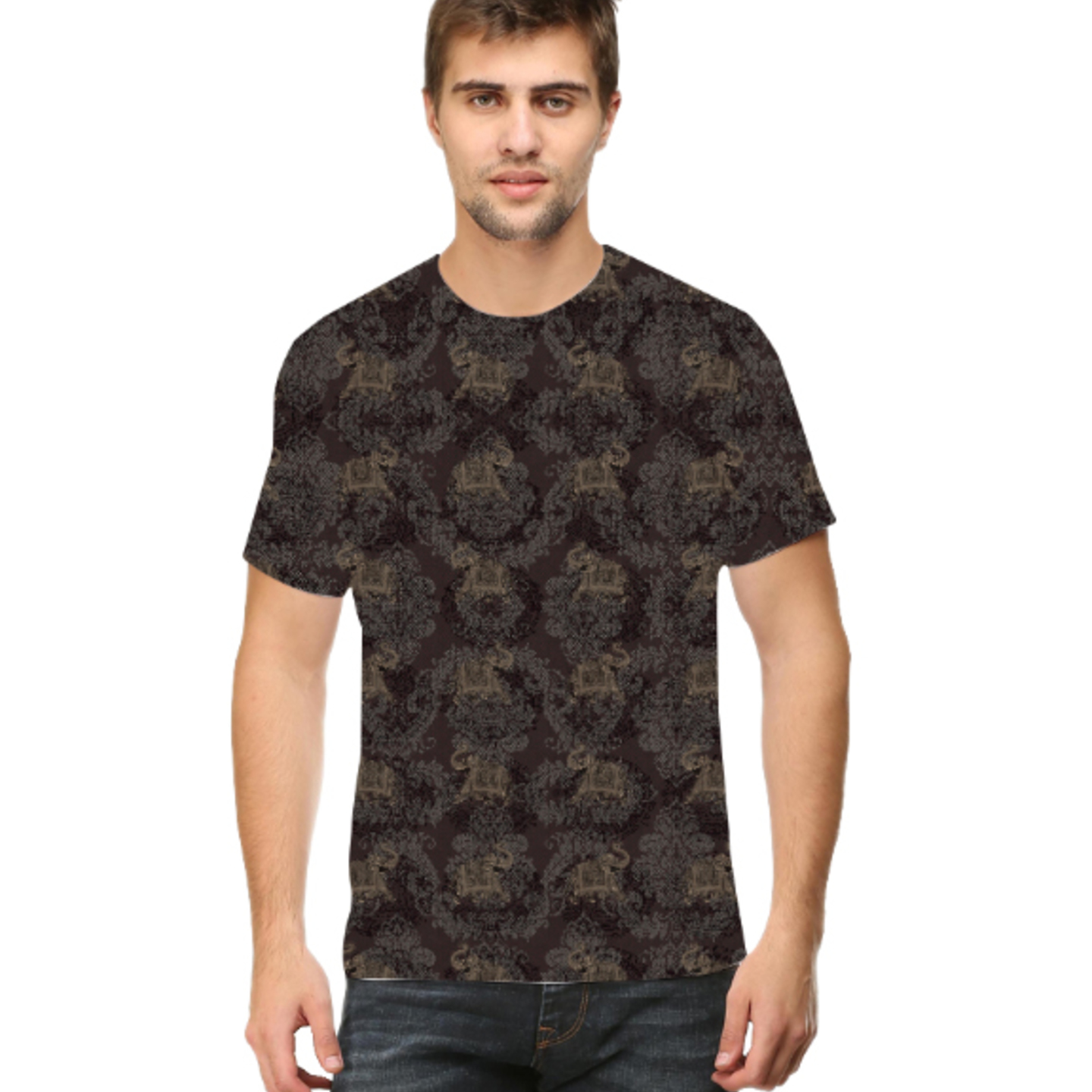 Men Grey Elephant Round Neck T-Shirt