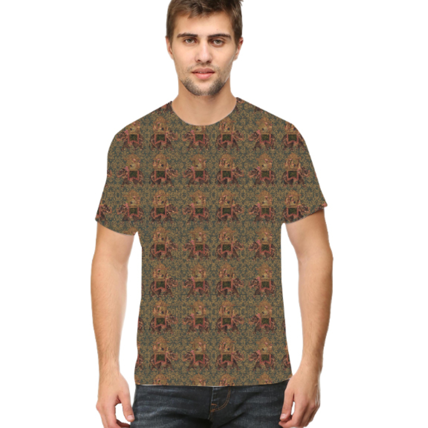 Men Brown Round Neck Multicoloured Round Neck T-Shirt