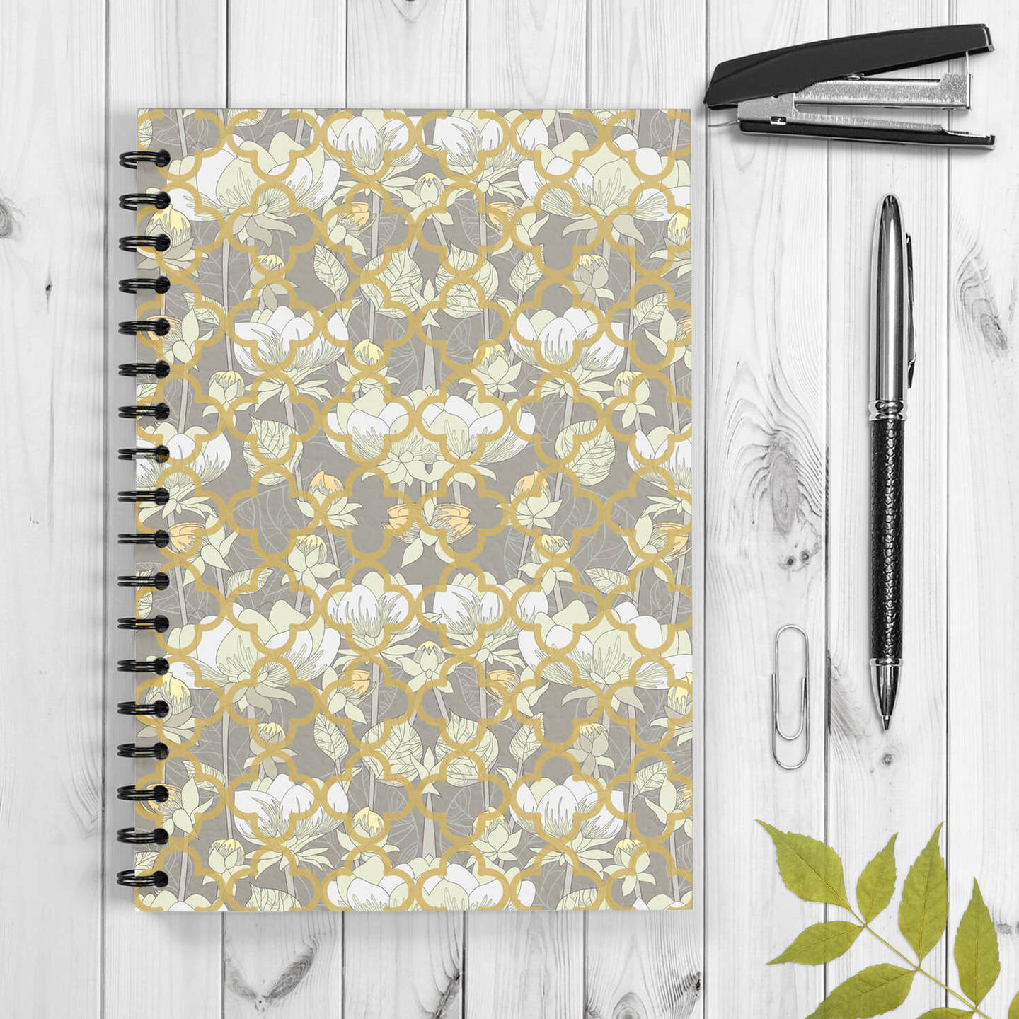 White Lotus Flower Pattern Spiral Notebook