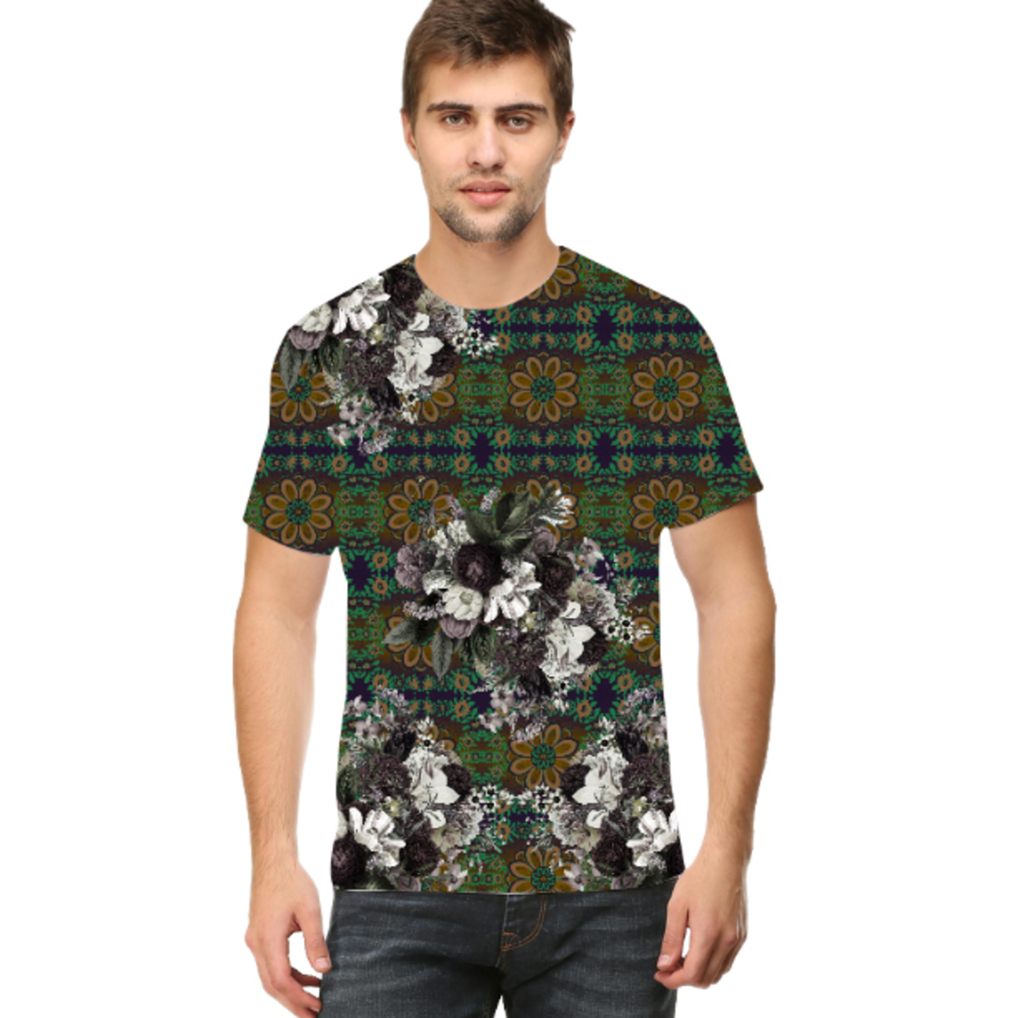 Men Abstract Flower Print Inspired Printed Round Neck T-Shirt