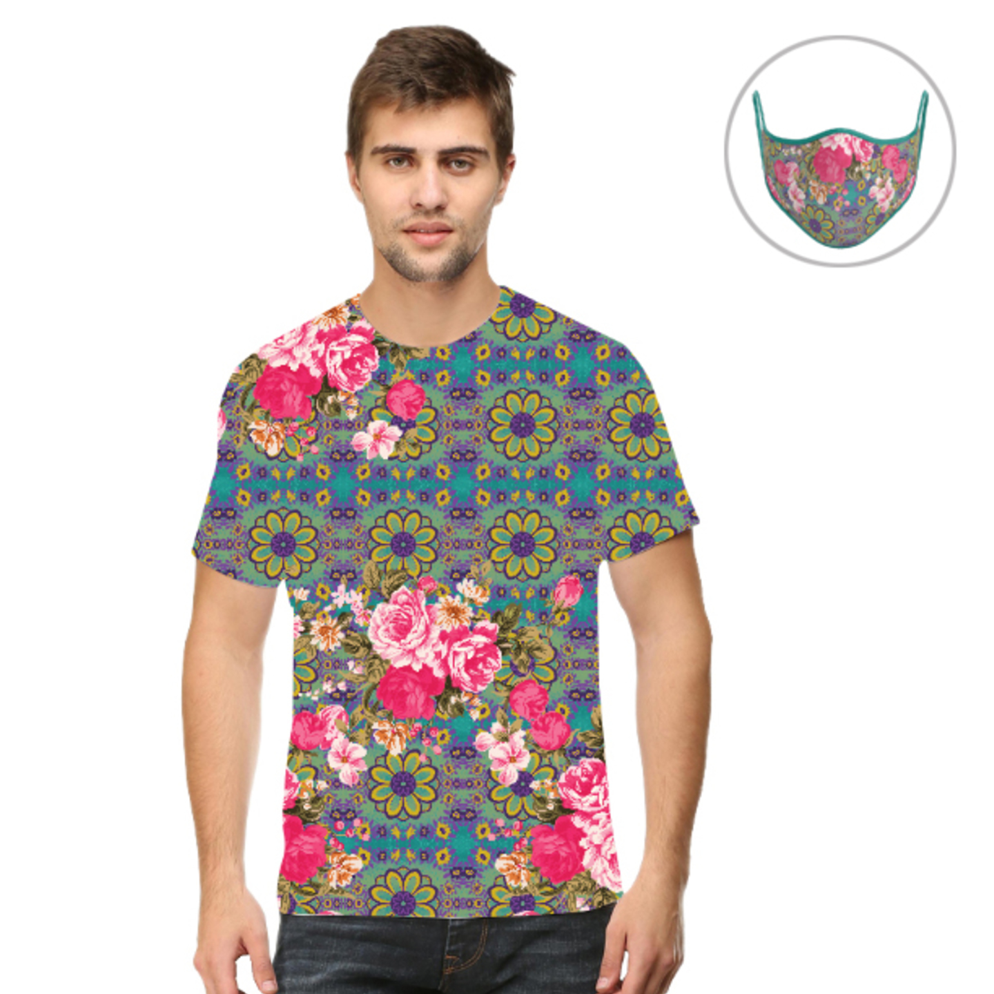 Men Cool Blue and Pink Flowery T-Shirt Mask Combo