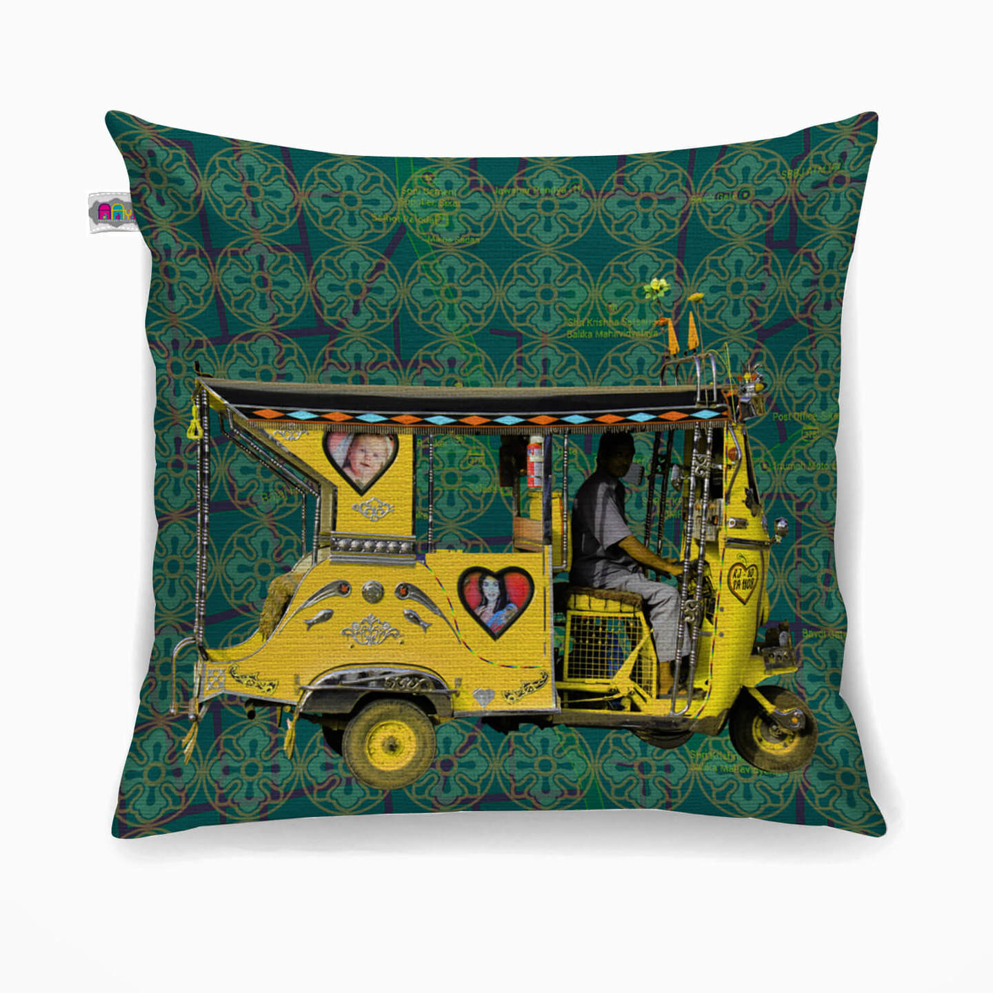 Yellow Auto Rickshaw Poly Canvas Cushion Cover