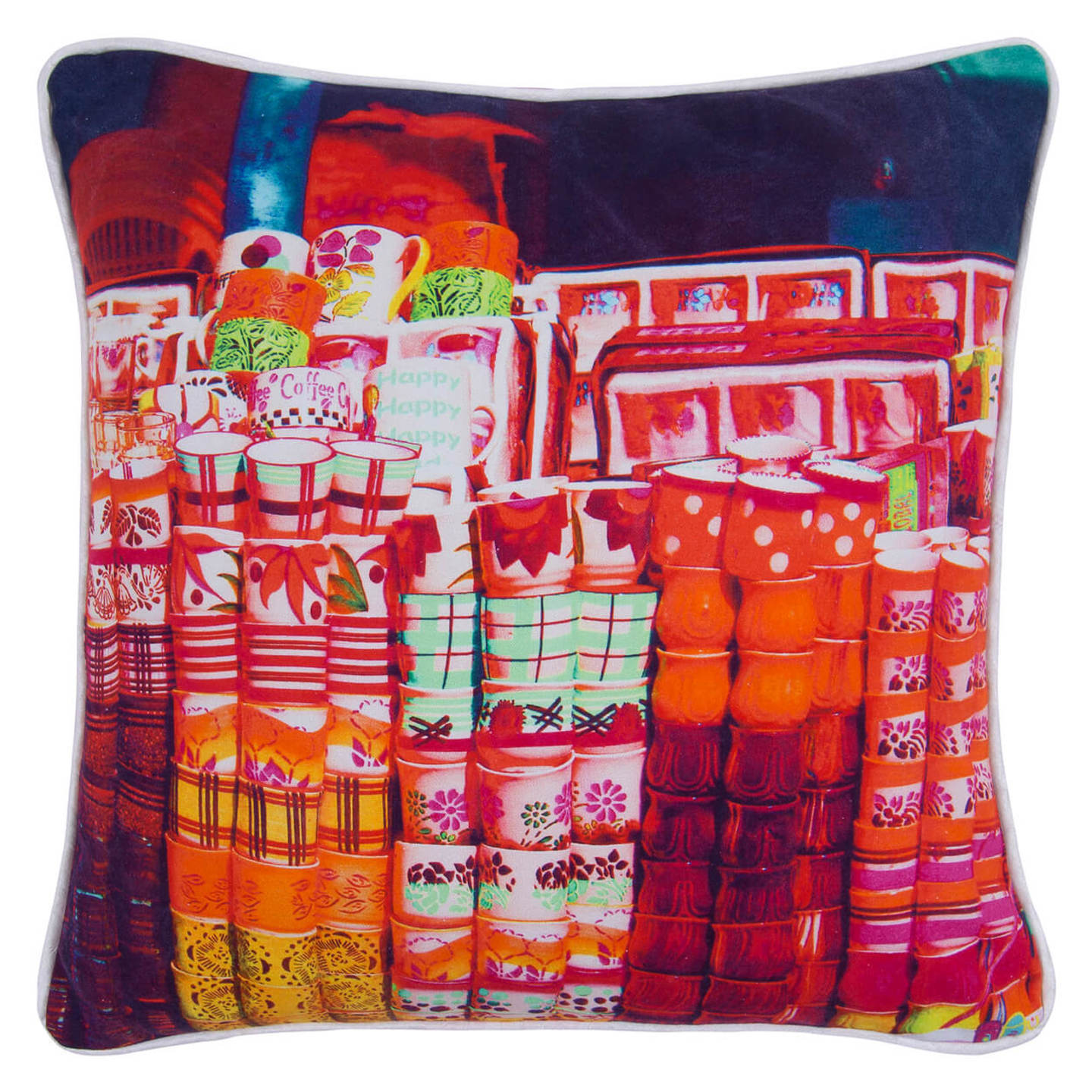 Tea Cups Glaze Cotton Cushion Cover 16x16 Inches