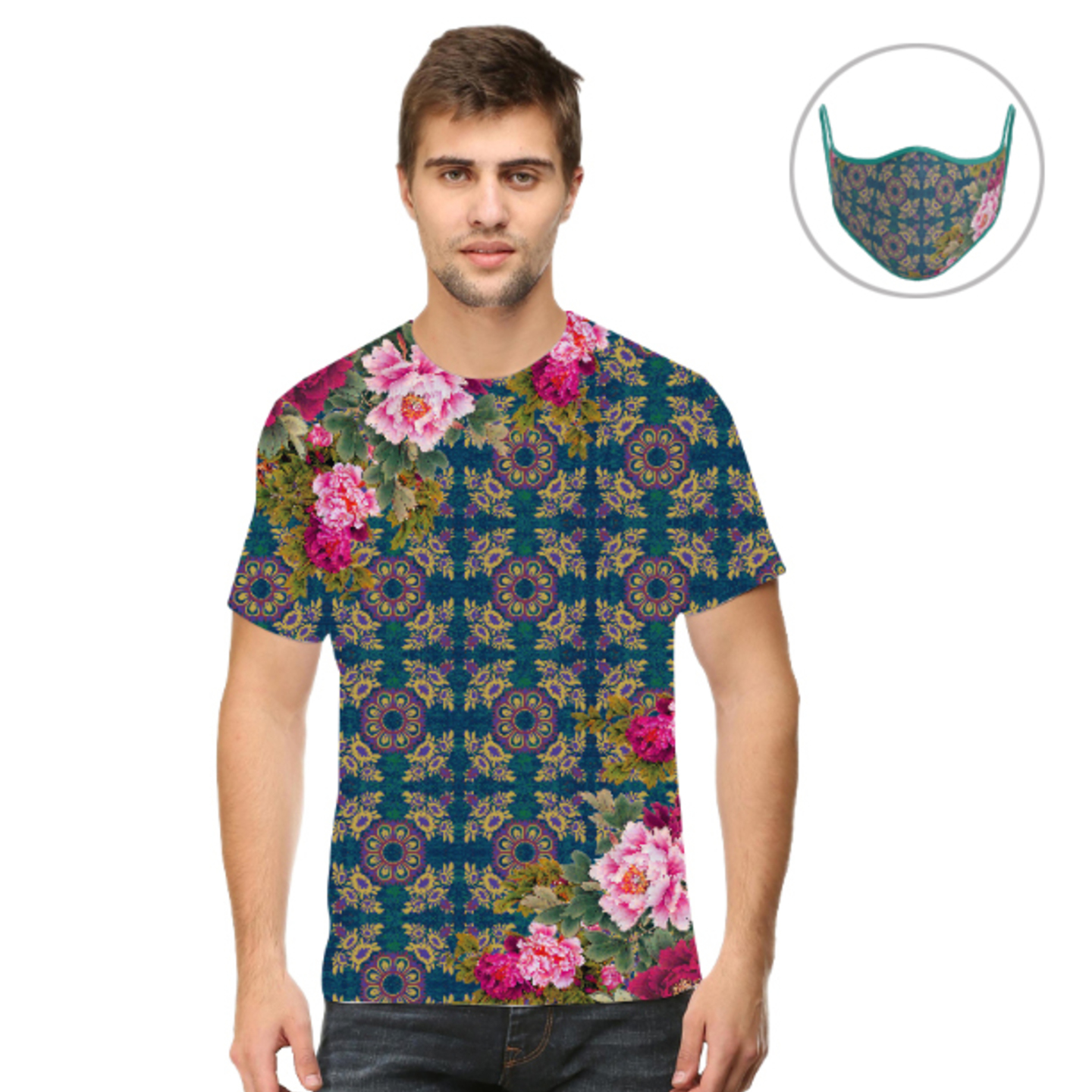 Men Geometric Design Floral T-Shirt Mask Combo