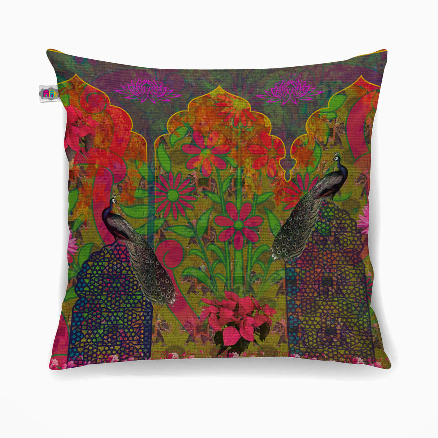 Beautiful Peacock and Flower Poly Canvas Cushion Cover