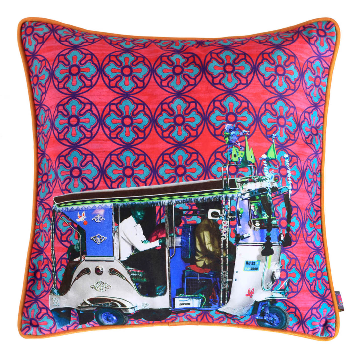 Silver Auto Rickshaw Glaze Cotton Cushion Cover 16x16 Inches