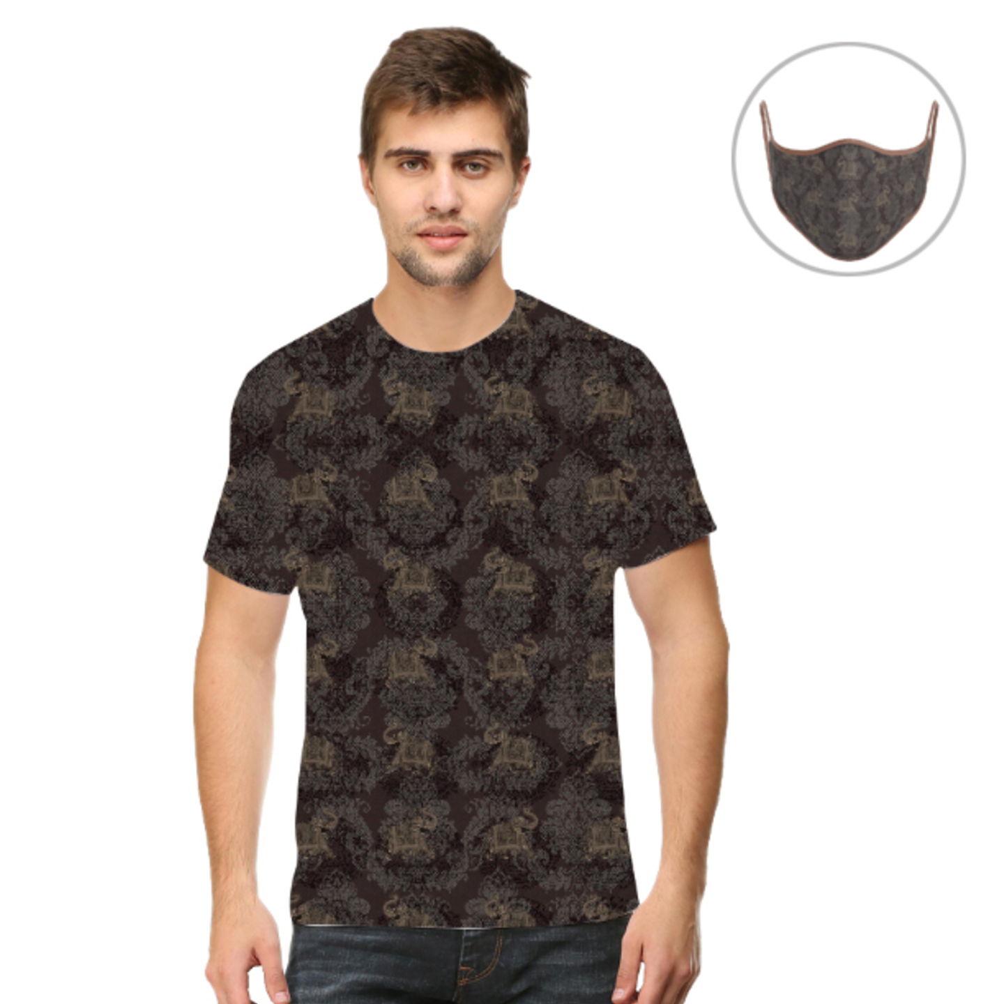 Men Grey Elephant T-Shirt Mask Combo