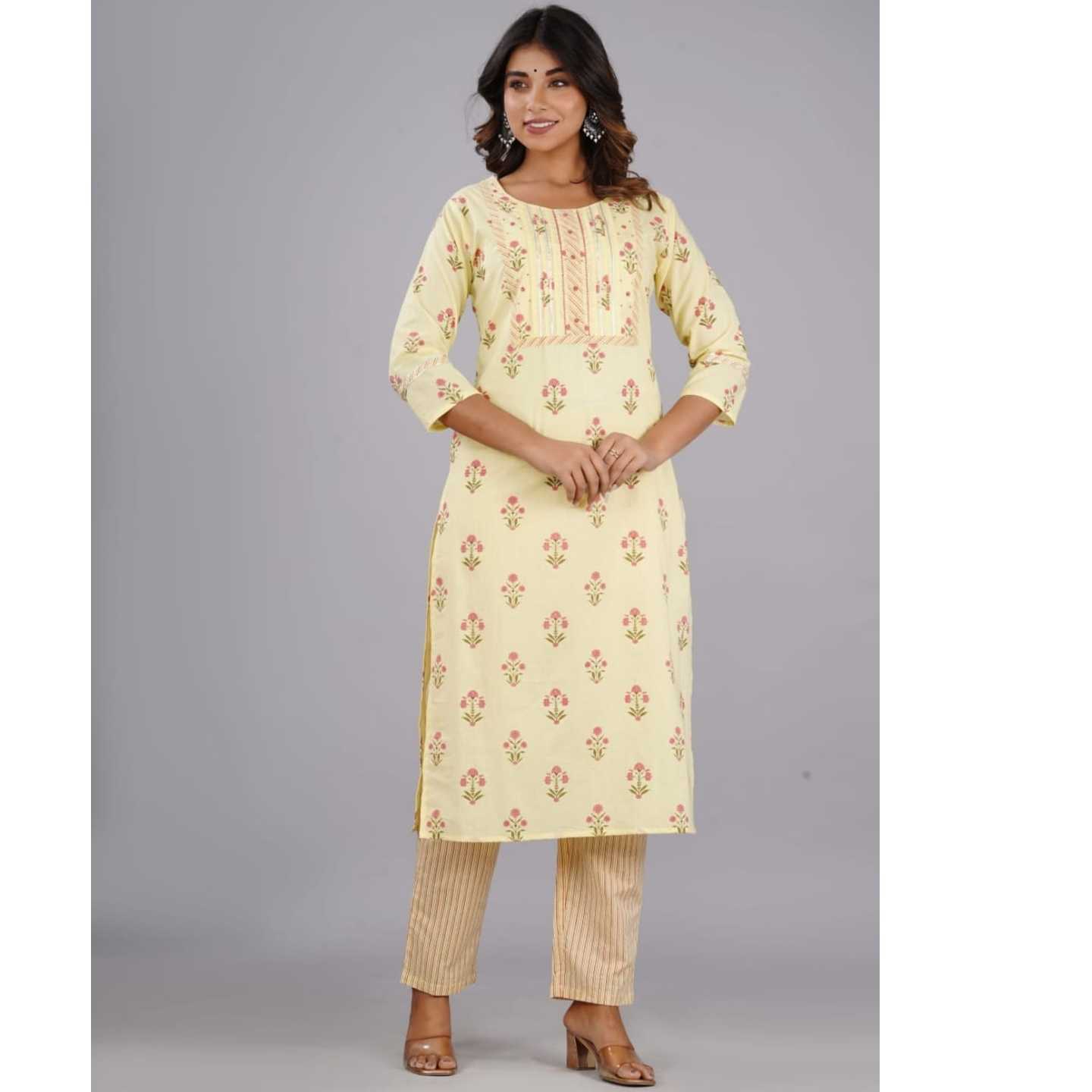 Light yellow printed cotton kurta set