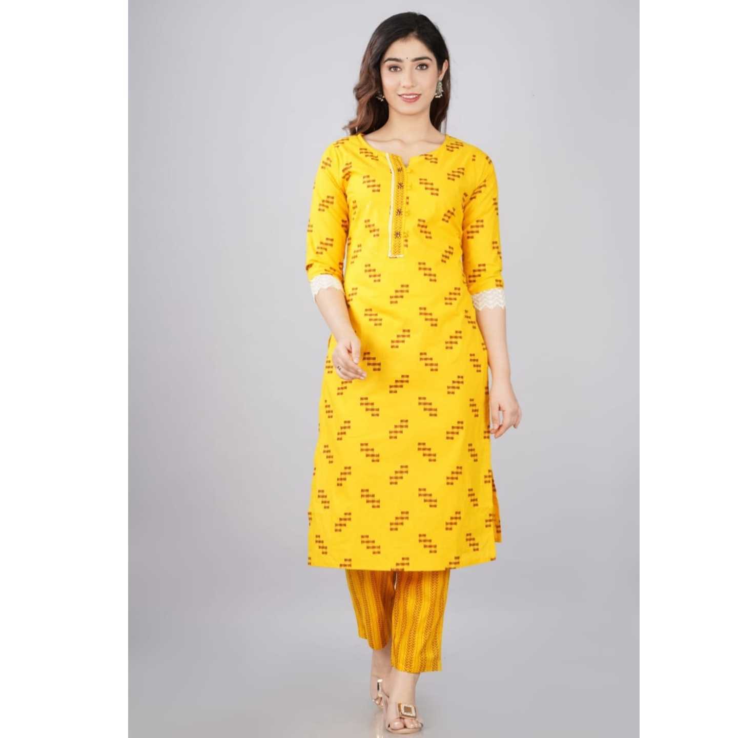 Yellow lace work cotton kurta set