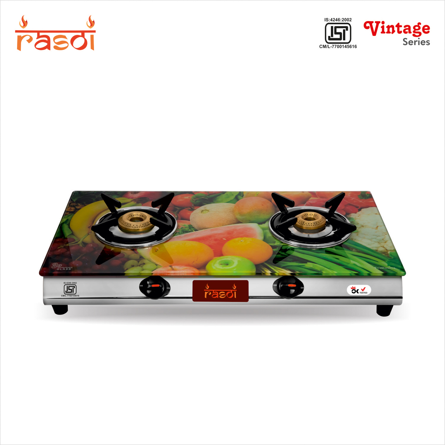 Rasoi Vintage Glass Top 2 Burner Gas Stove, Multicolor (ISI Certified)