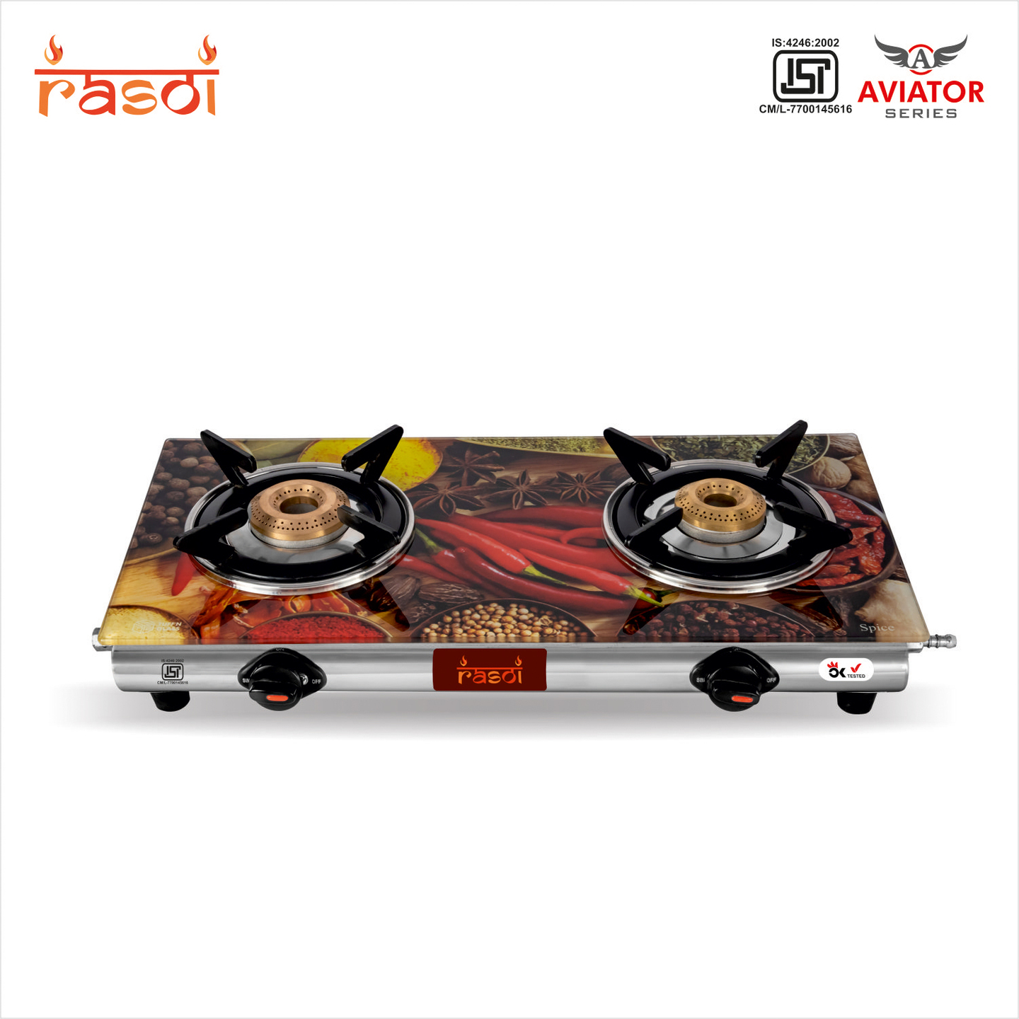 Rasoi Aviator Star Glass Top 2 Burner Gas Stove, Multicolor ISI Certified