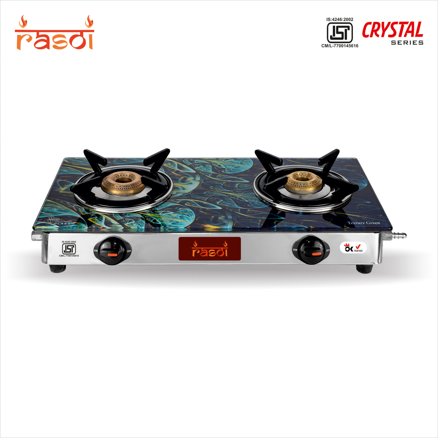 Rasoi Crystal Star Glass Top 2 Burner Gas Stove, Multicolor ISI Certified