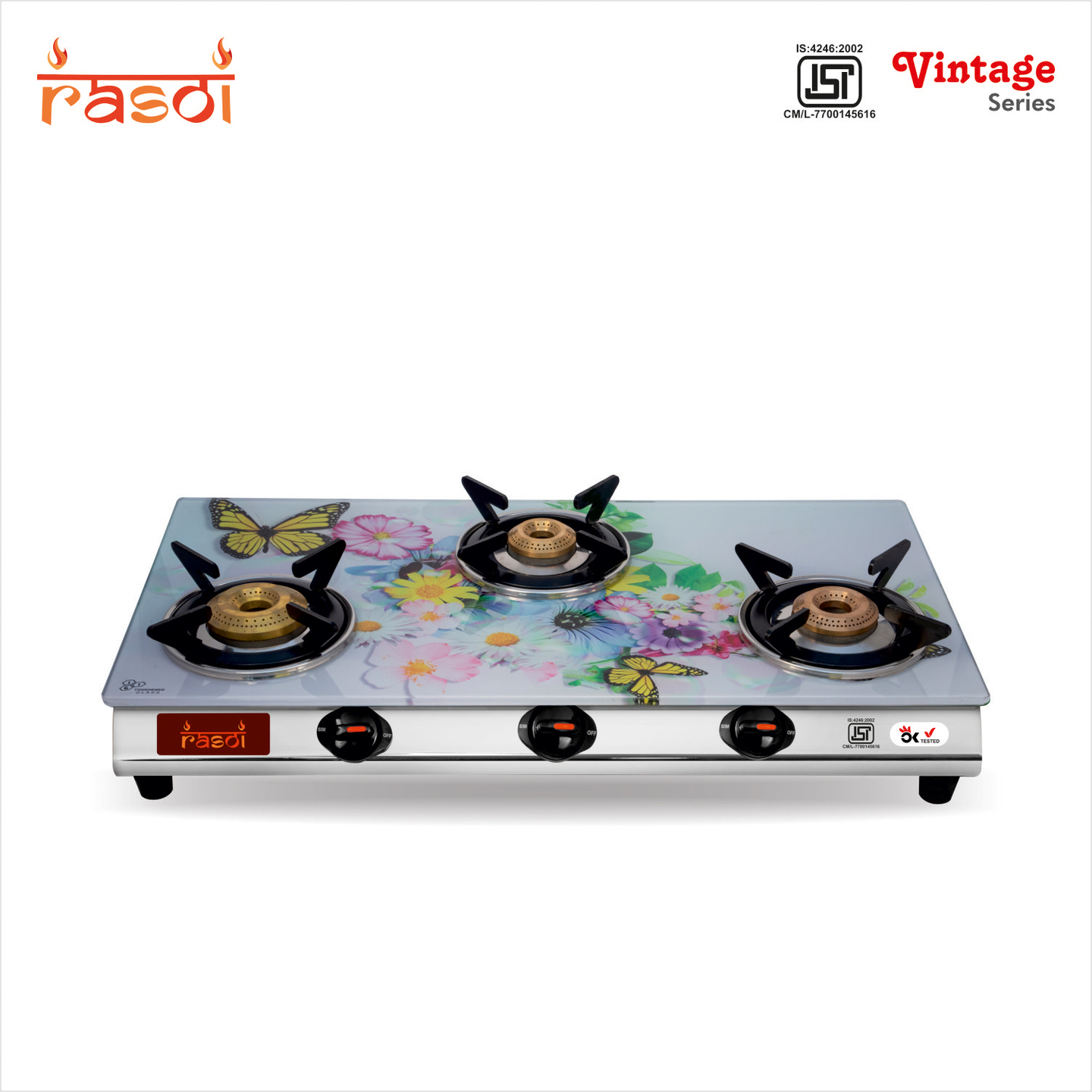 Rasoi Vintage Glass Top 3 Burner Gas Stove, Multicolor (ISI Certified)