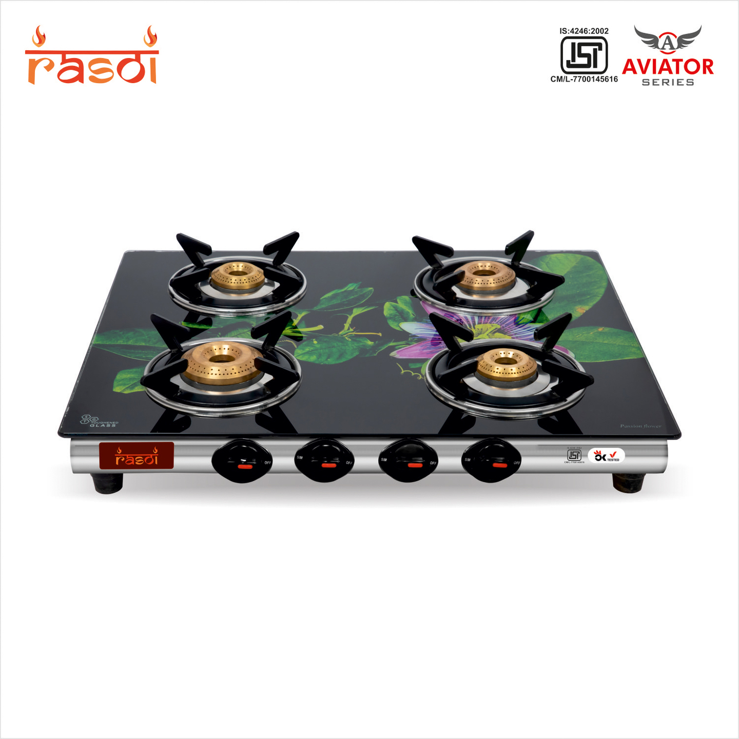 Rasoi Aviator Glass Top 4 Burner Gas Stove, Multicolor ISI Certified