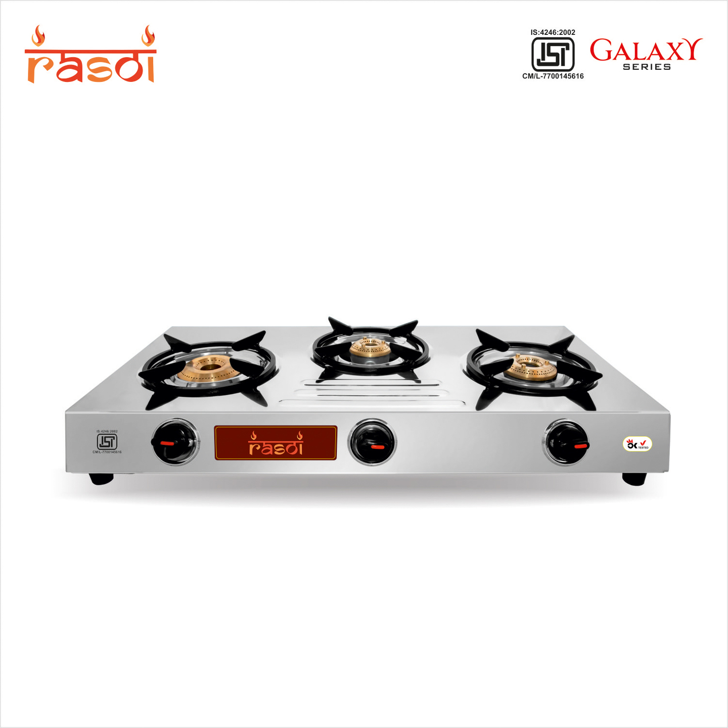 Rasoi Galaxy Venus Stainless Steel 3 Burner Gas Stove, Silver ISI Certified