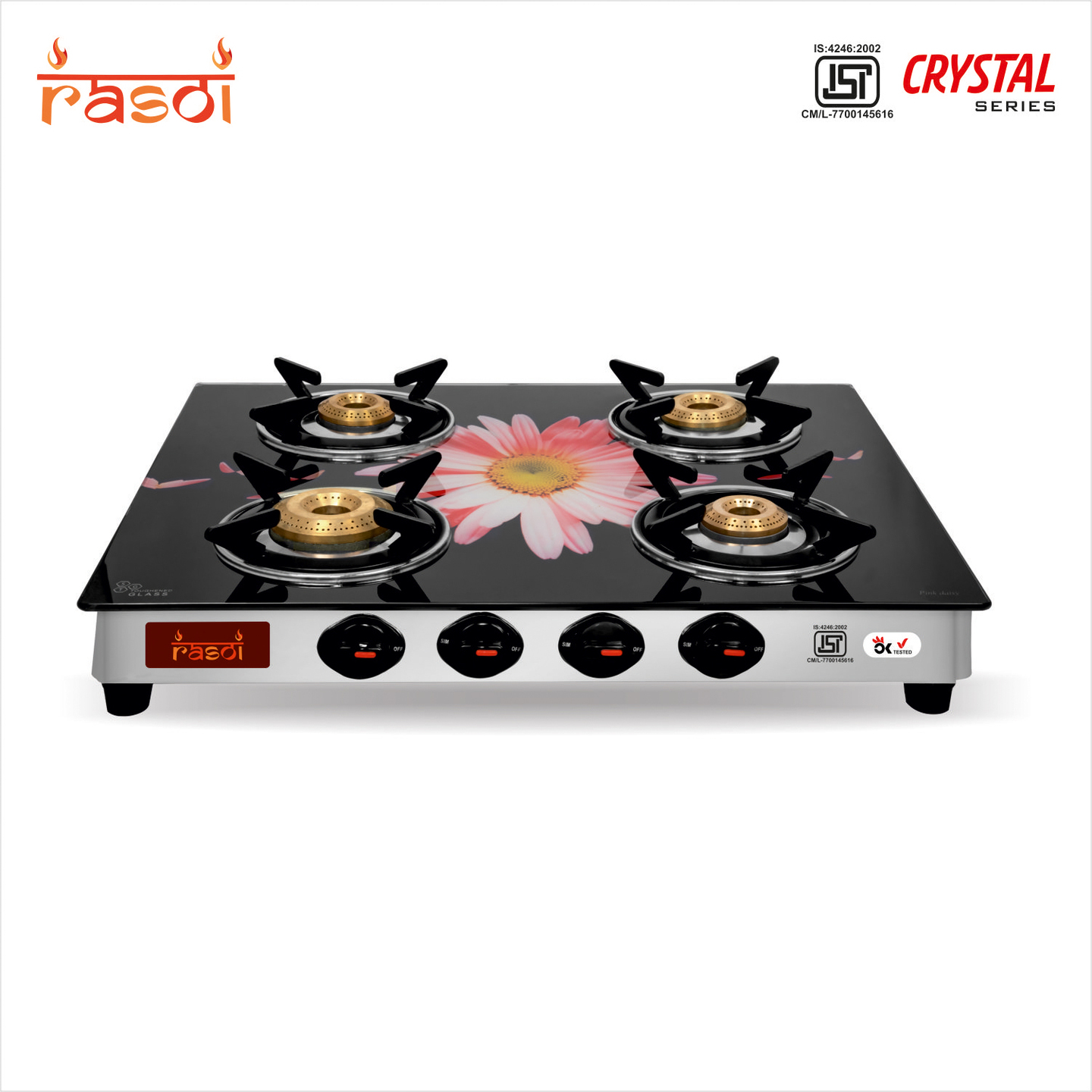 Rasoi Crystal Glass Top 4 Burner Gas Stove, Multicolor ISI Certified