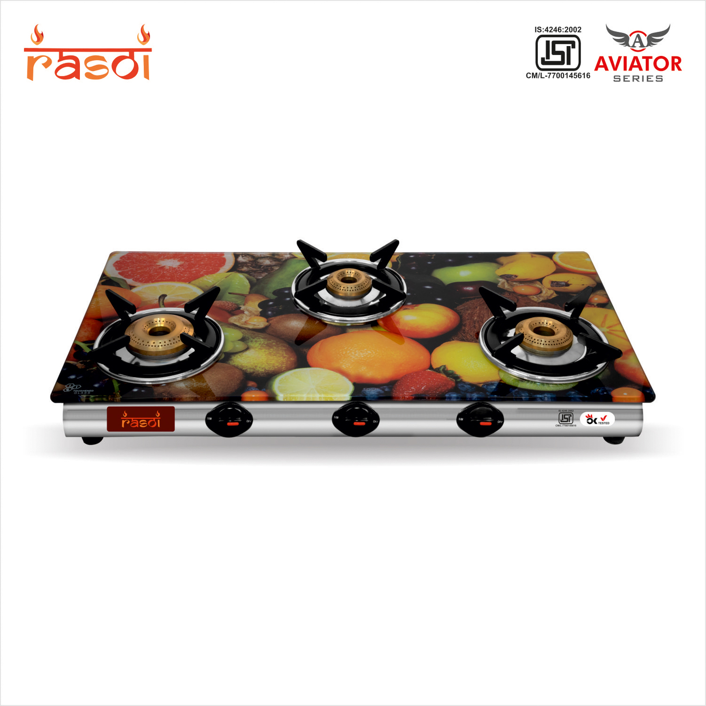 Rasoi Aviator Glass Top 3 Burner Gas Stove, Multicolor ISI Certified