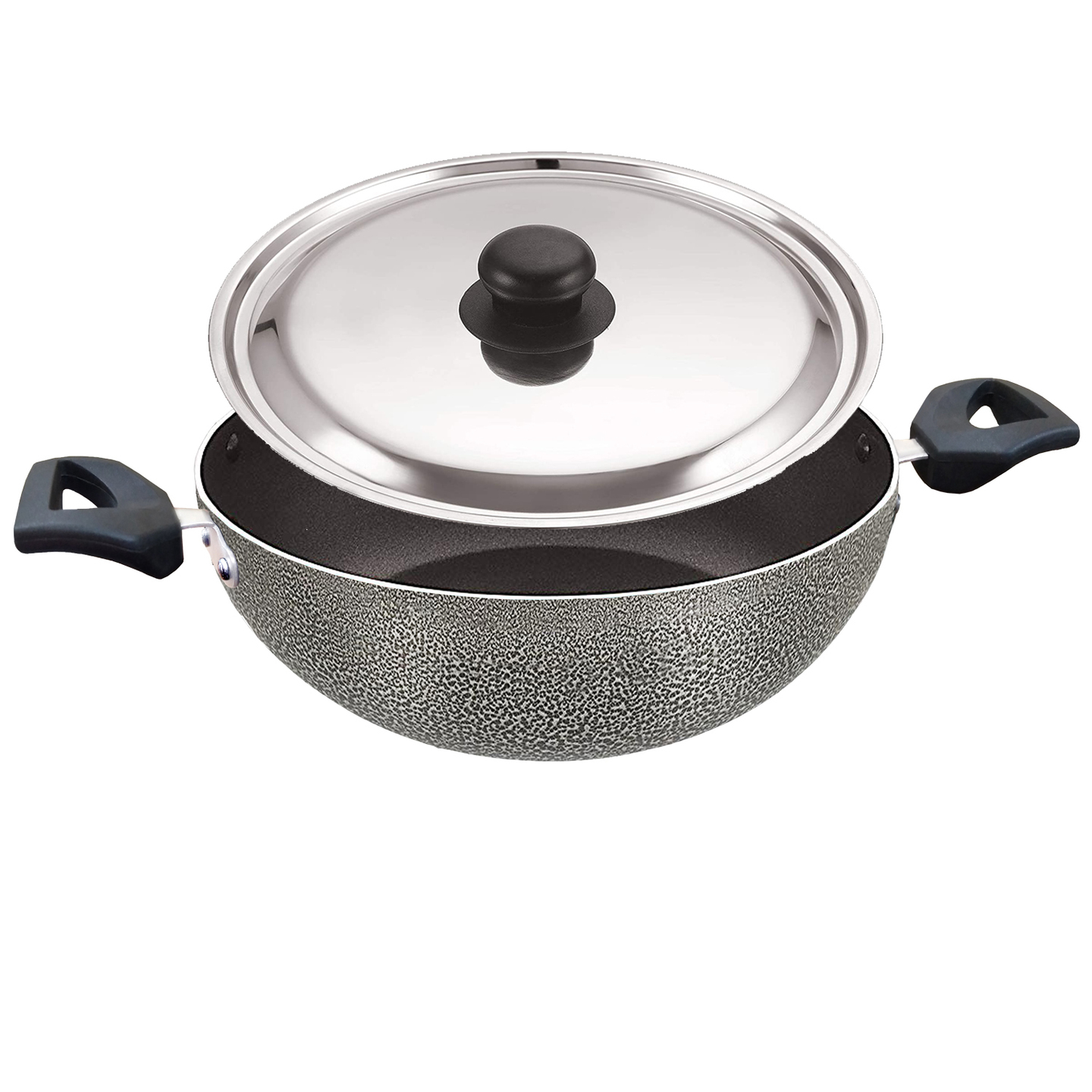 Rasoi Non-Stick Aluminum Hammer Tone Finish Deep Kadai With SS Lid