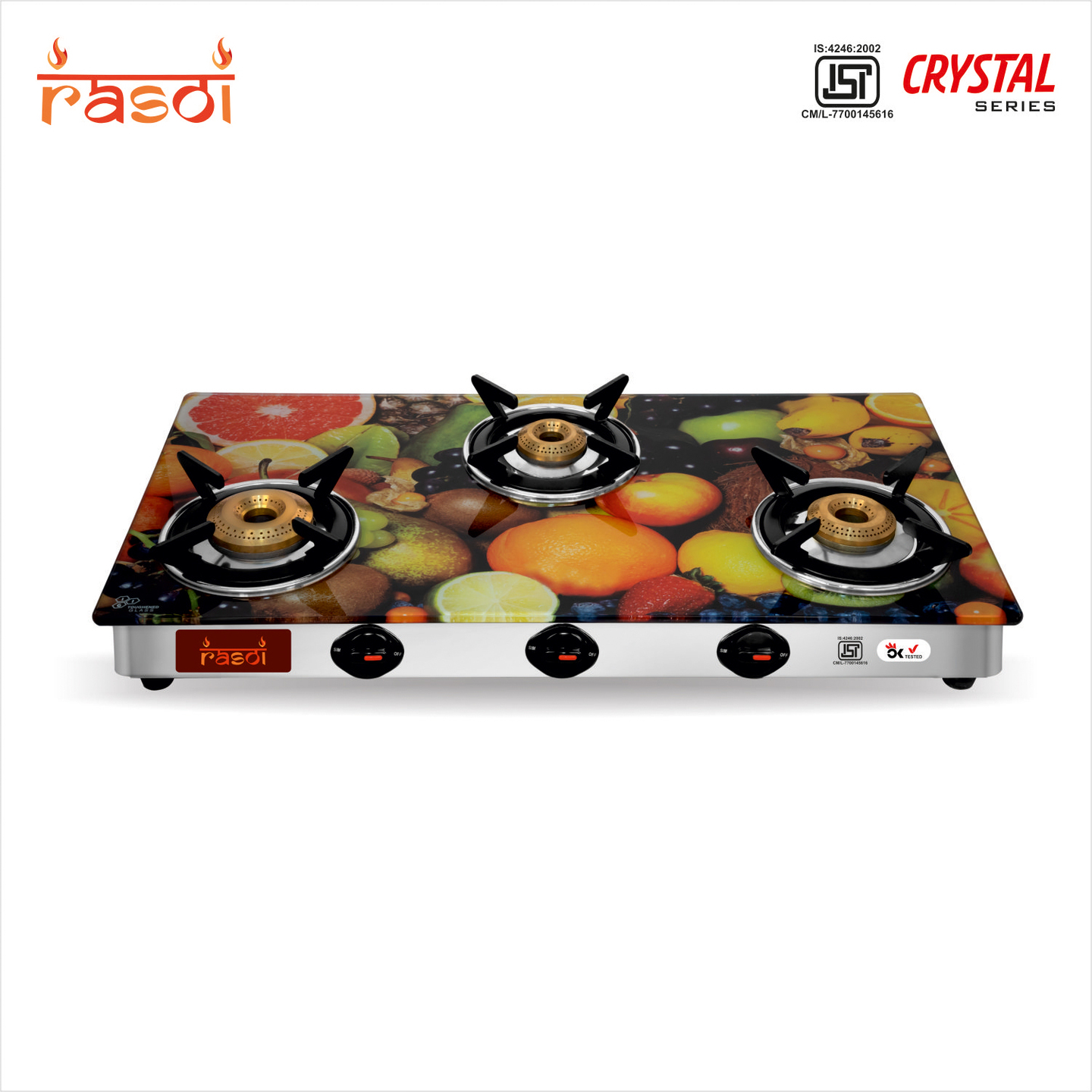 Rasoi Crystal Glass Top 3 Burner Gas Stove, Multicolor ISI Certified