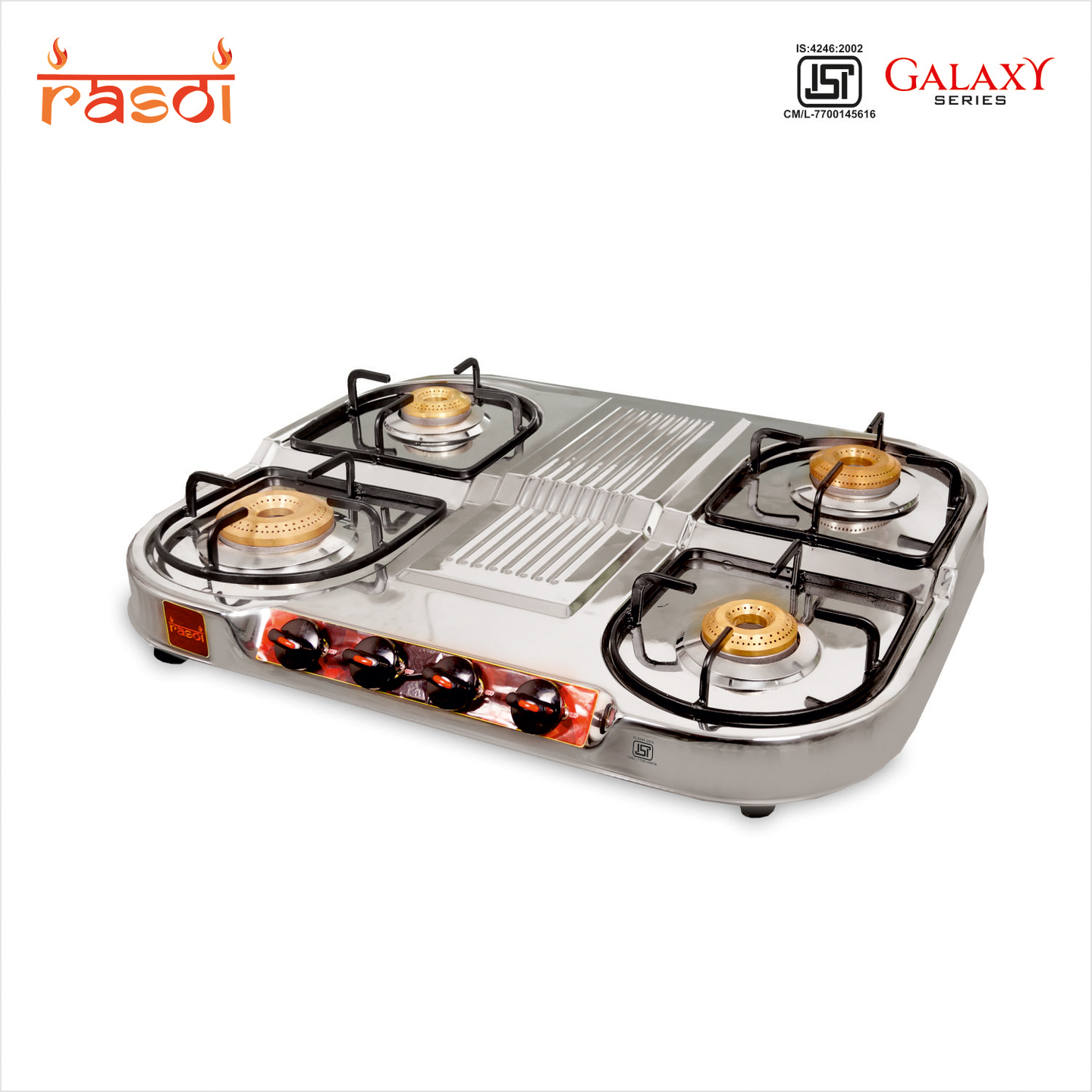 Rasoi Galaxy Stainless Steel 4 Burner Gas Stove, Silver ISI Certified