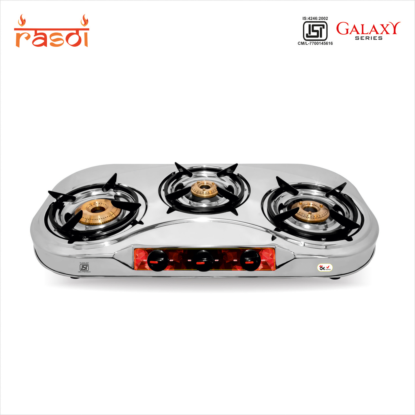 Rasoi Galaxy Stainless Steel 3 Burner Gas Stove, Silver ISI Certified
