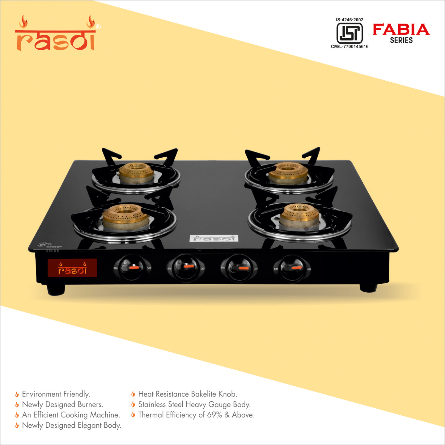 Rasoi Fabia Glass Top 4 Burner Gas Stove, Black ISI Certified