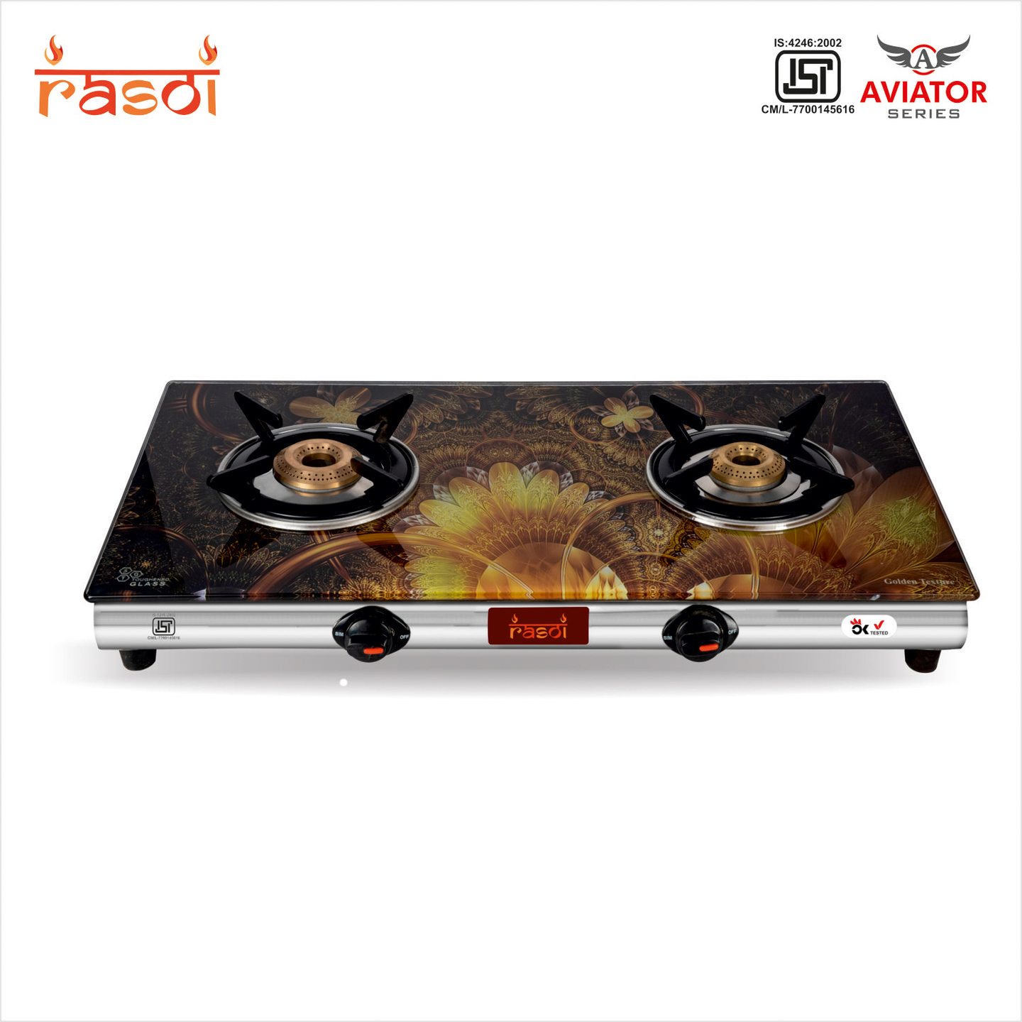 Rasoi Aviator Glass Top 2 Burner Gas Stove, Multicolor ISI Certified