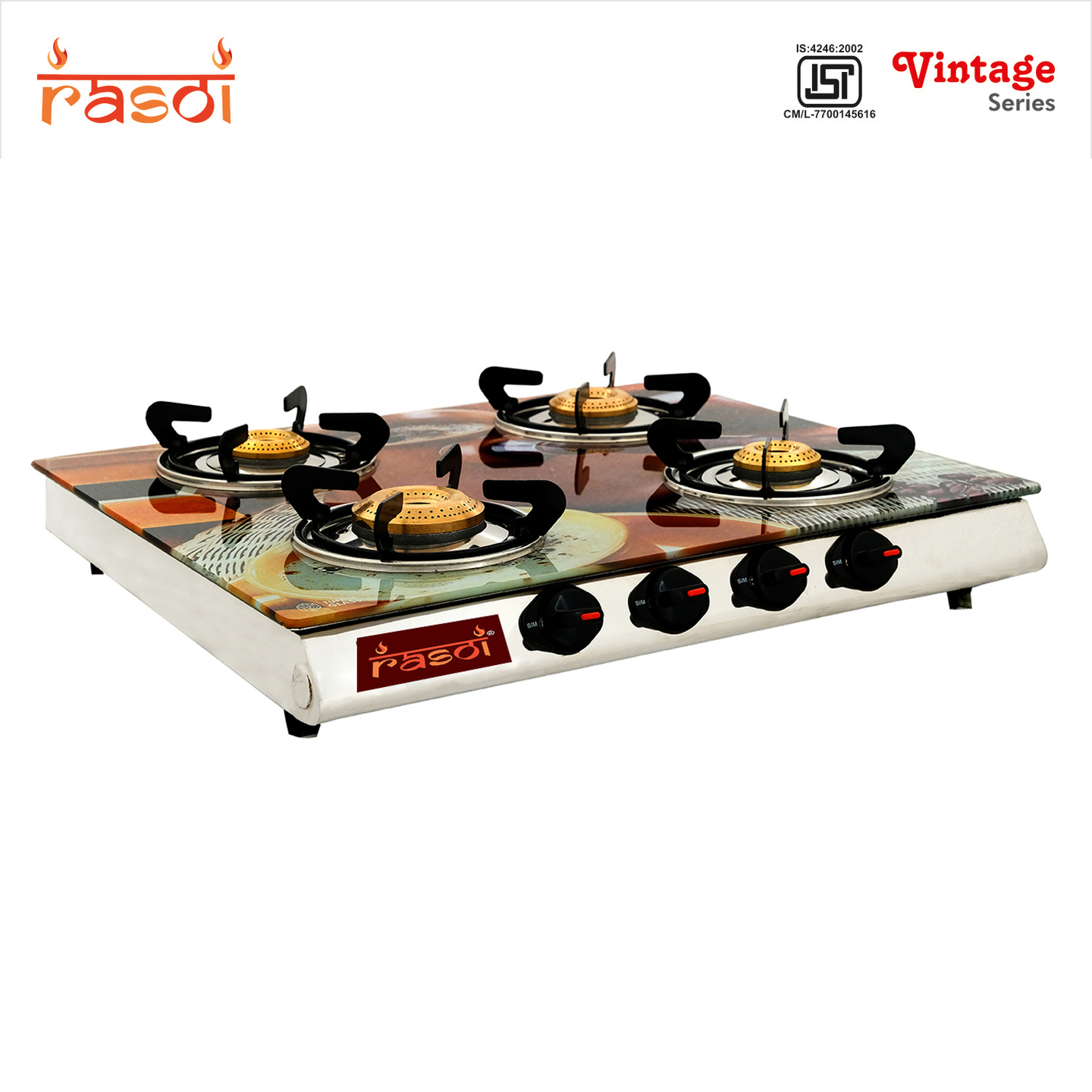 Rasoi Vintage Glass Top 4 Burner Gas Stove, Multicolor (ISI Certified)