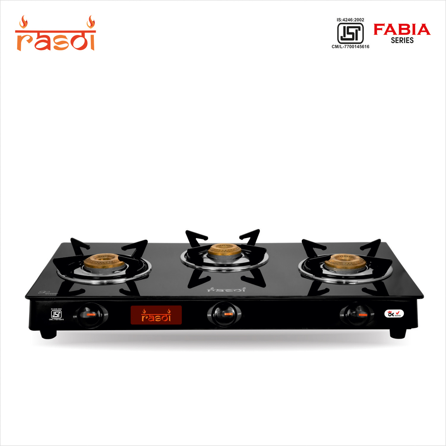 Rasoi Fabia Glass Top 3 Burner Gas Stove, Black (ISI Certified)