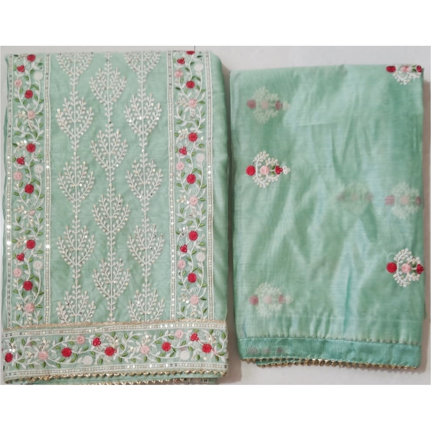 Kanak Daman Kashmiri Thread work - Chanderi dup - Pista Green