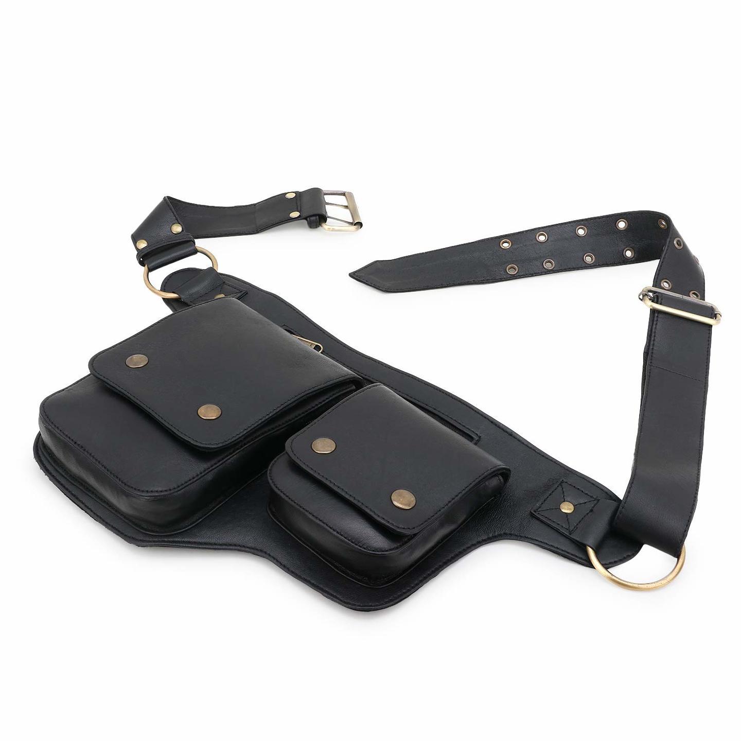 Panashe Genuine Leather Liridona Utility Belt Waist Bag, Free Size Black