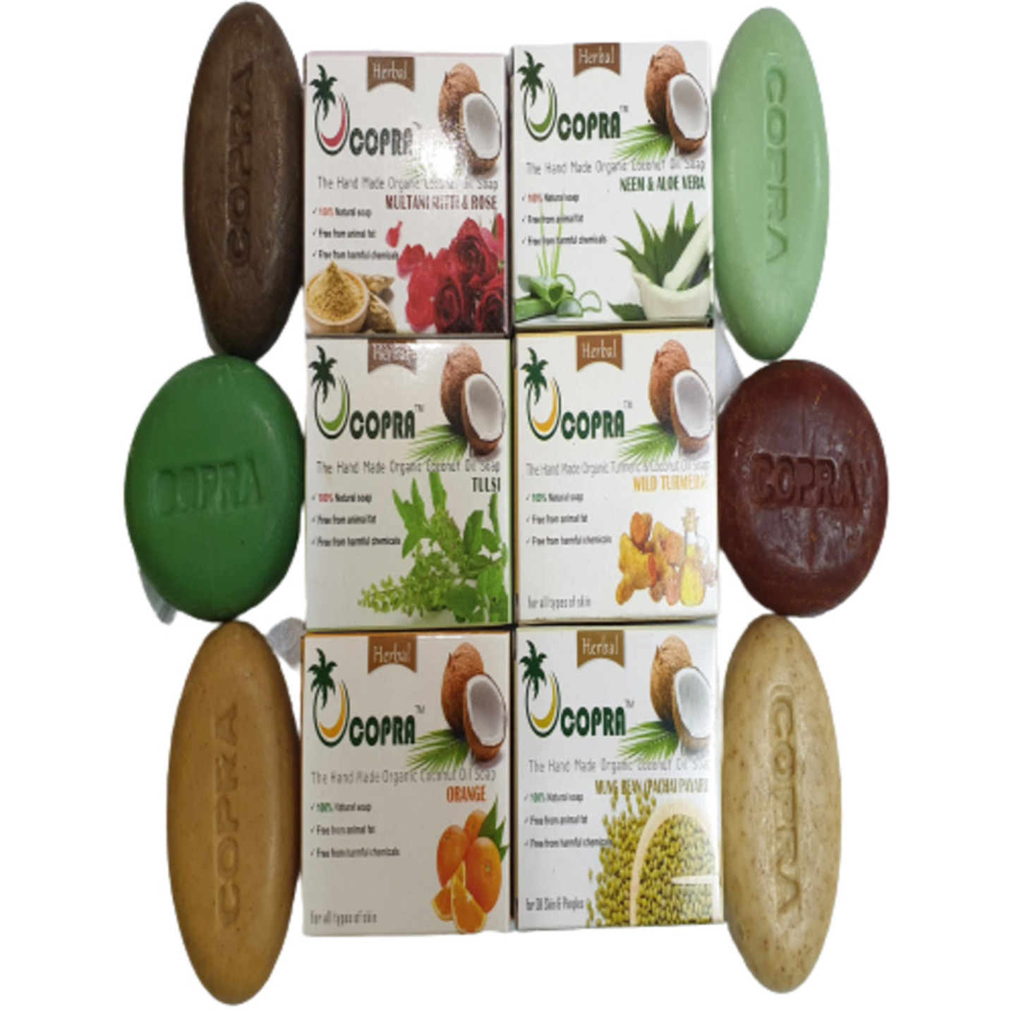 Copra Combo Turmeric soap, Tulasi, Neem and Aloe Vera soap, Multani Matti and Rose, Orange, Mung bean SOAPS