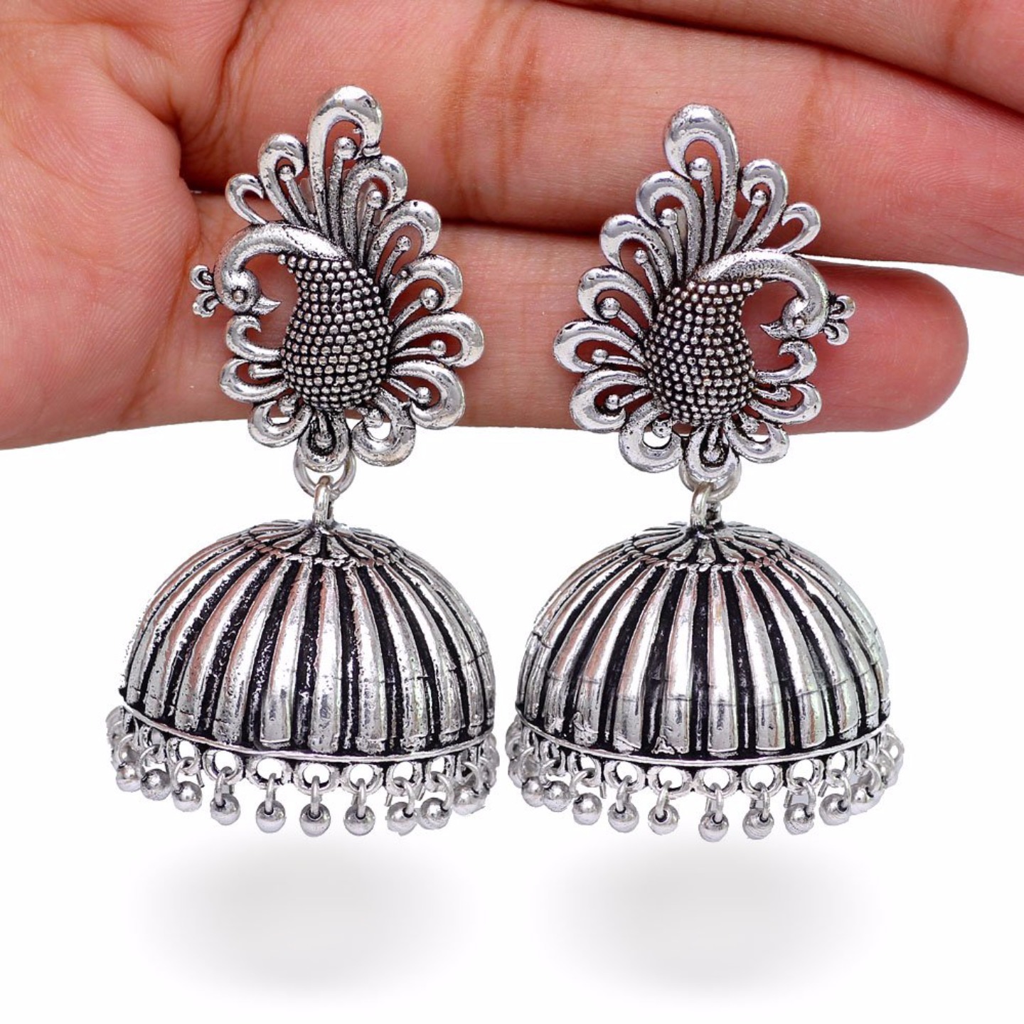 Bollywood Style Peacock Inspired Silver Tone Oxidised Metal Beads Jhumka Earrings For Girls
