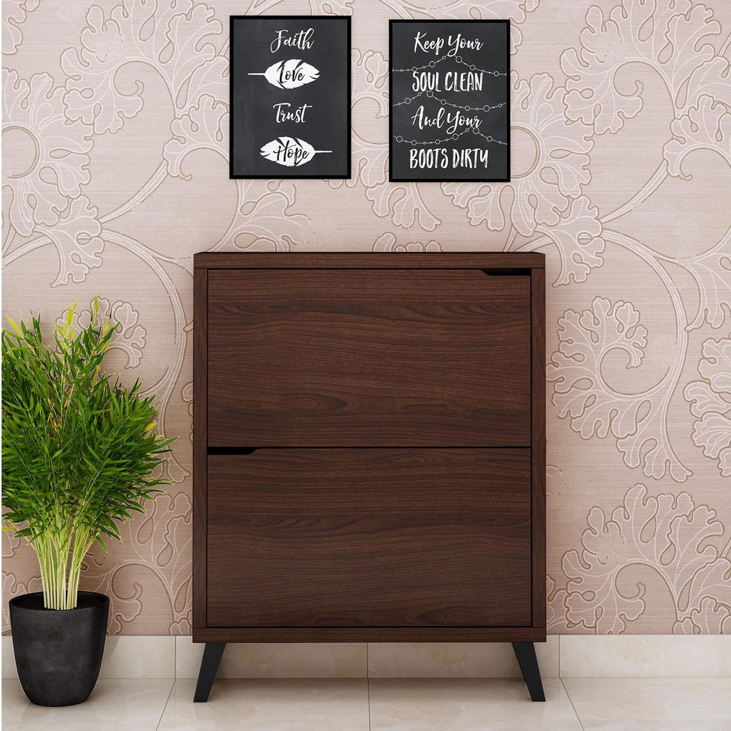 Yarrow 2 Door Shoe Cabinet in Walnut Finish