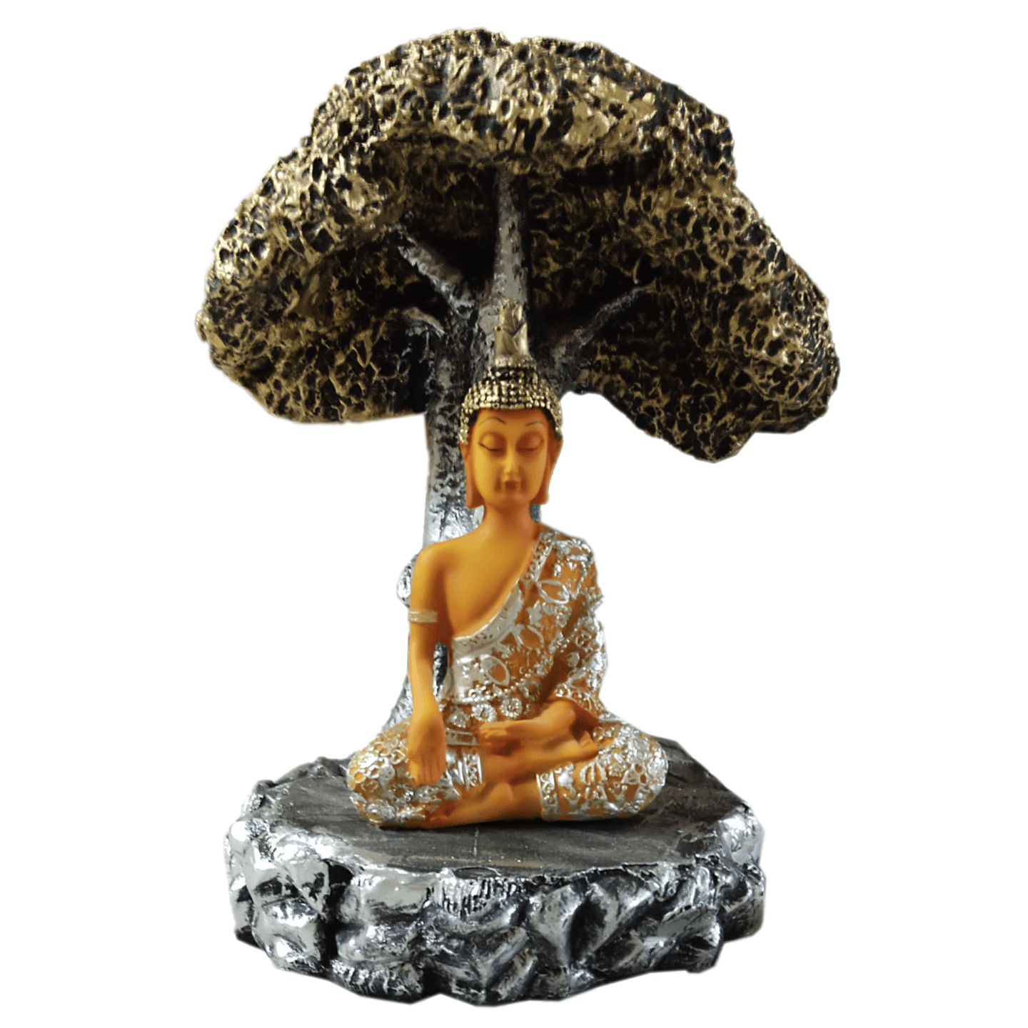 Nimisha Line Décor Meditating Lord Buddha Statue with Tree for Home Décor (Orange)