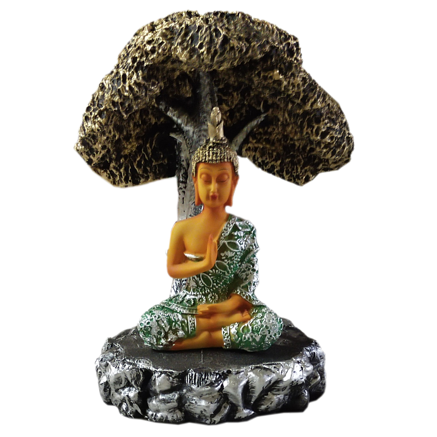 Nimisha Line Décor Meditating Lord Buddha Statue with Tree for Home Décor (Green)