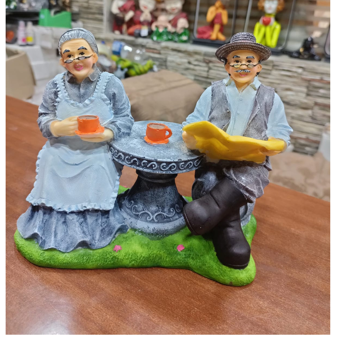Nimisha Line Décor Lovely Beautiful Dada Dadi Old Couple on Chair Having Tea Statue Morning Vibes Statue showpiece