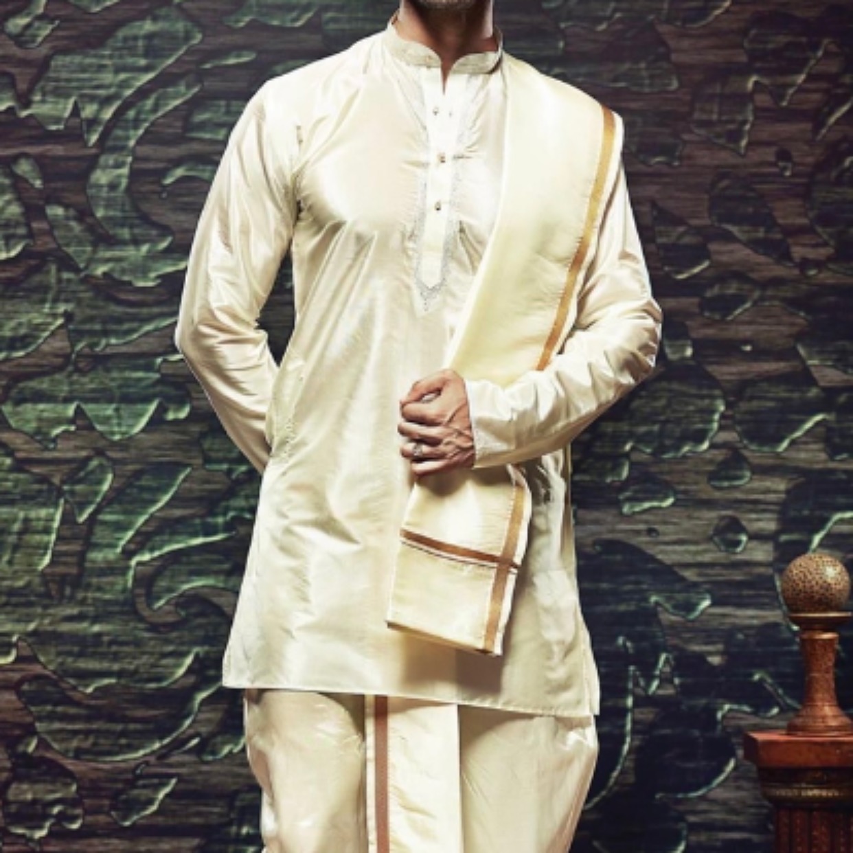 Kurta with dhoti pant and angavastram set, 2 inch gold border Size38