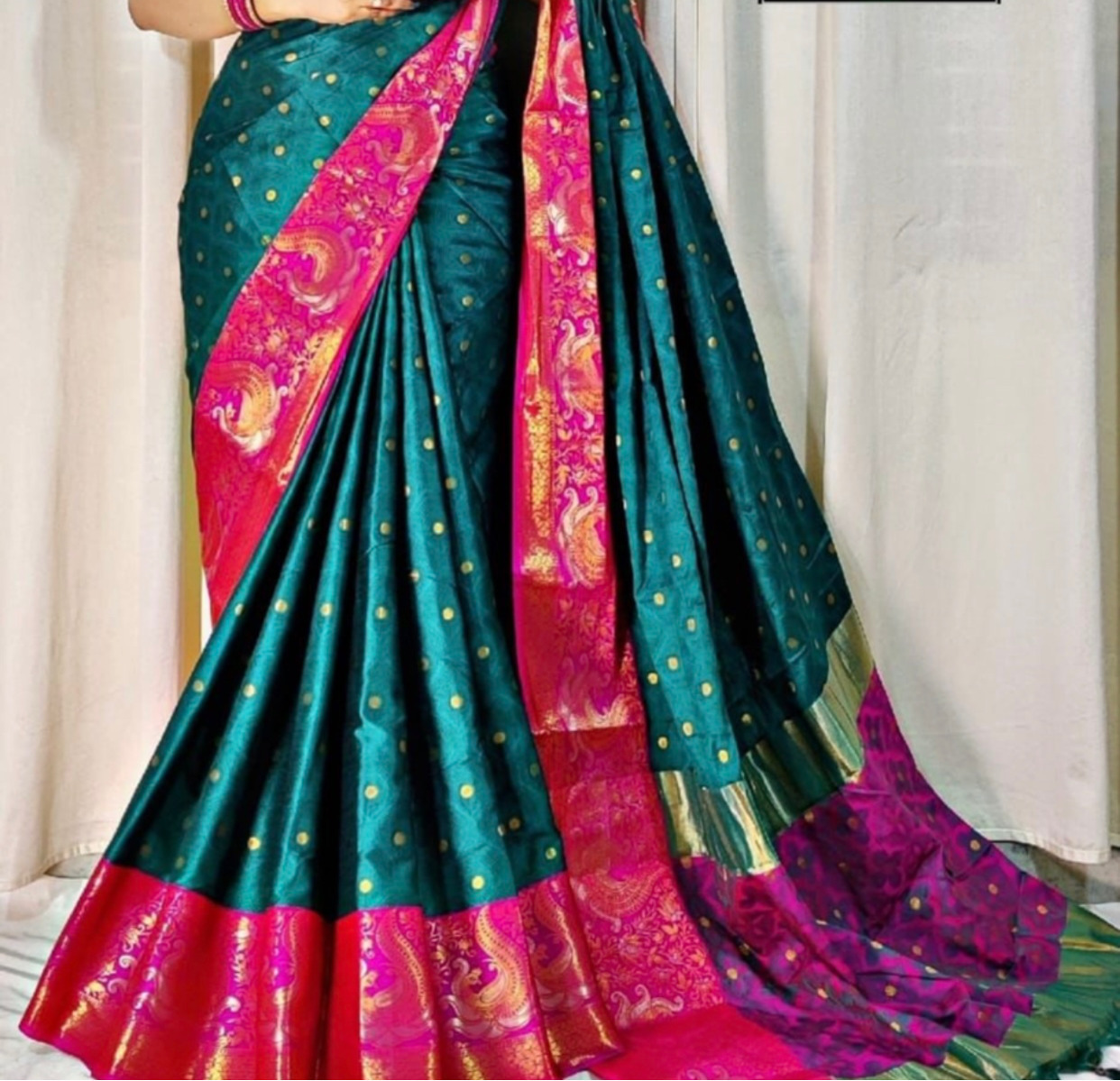 Sea Green with Rani pink peacock border designer saree