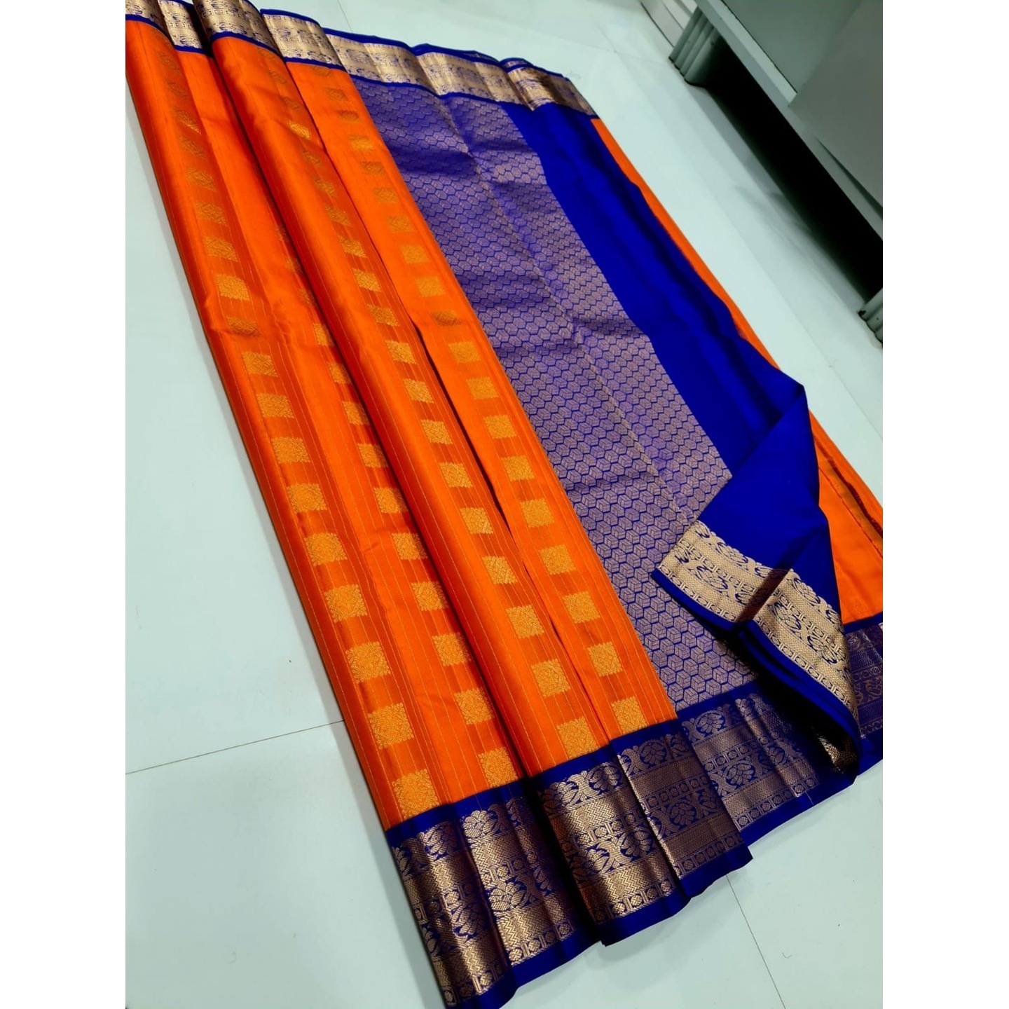 Fanta Orange with royal blue Kancheepuram silk saree