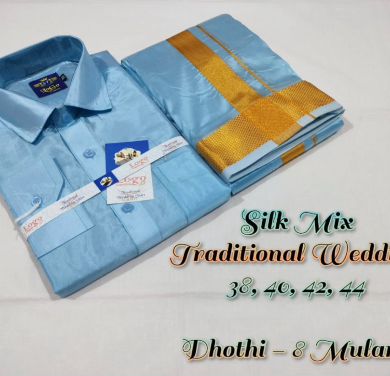 Sky Blue with gold border Dhoti set