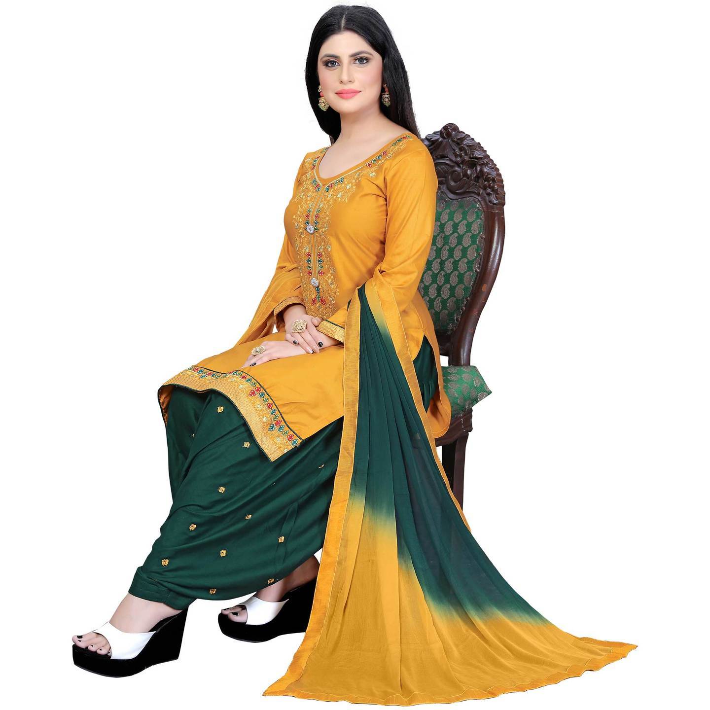 Gorgeous Cotton YellowEmbroidery Unstitched Salwar Suit Dress Material for Women