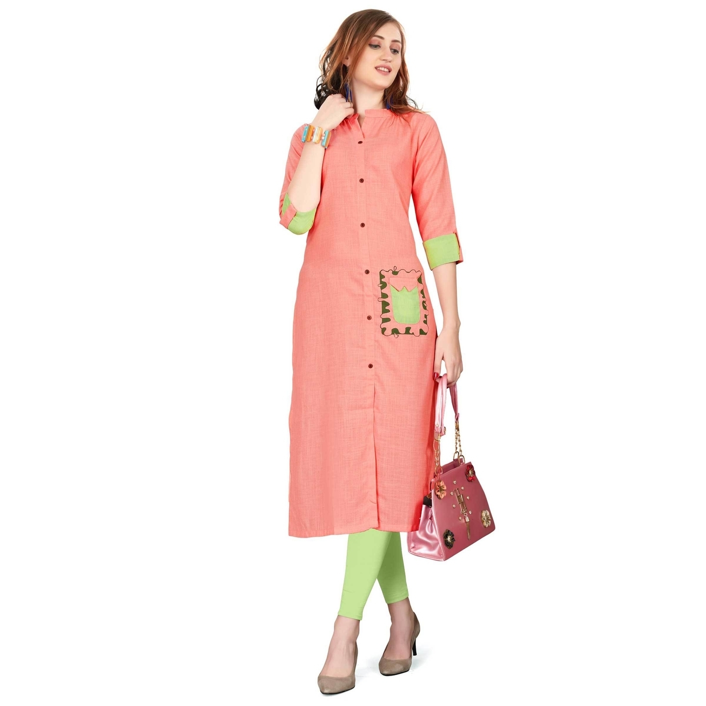 Peach Cotton Blend Plain Straight Party Wear Readymade kurti