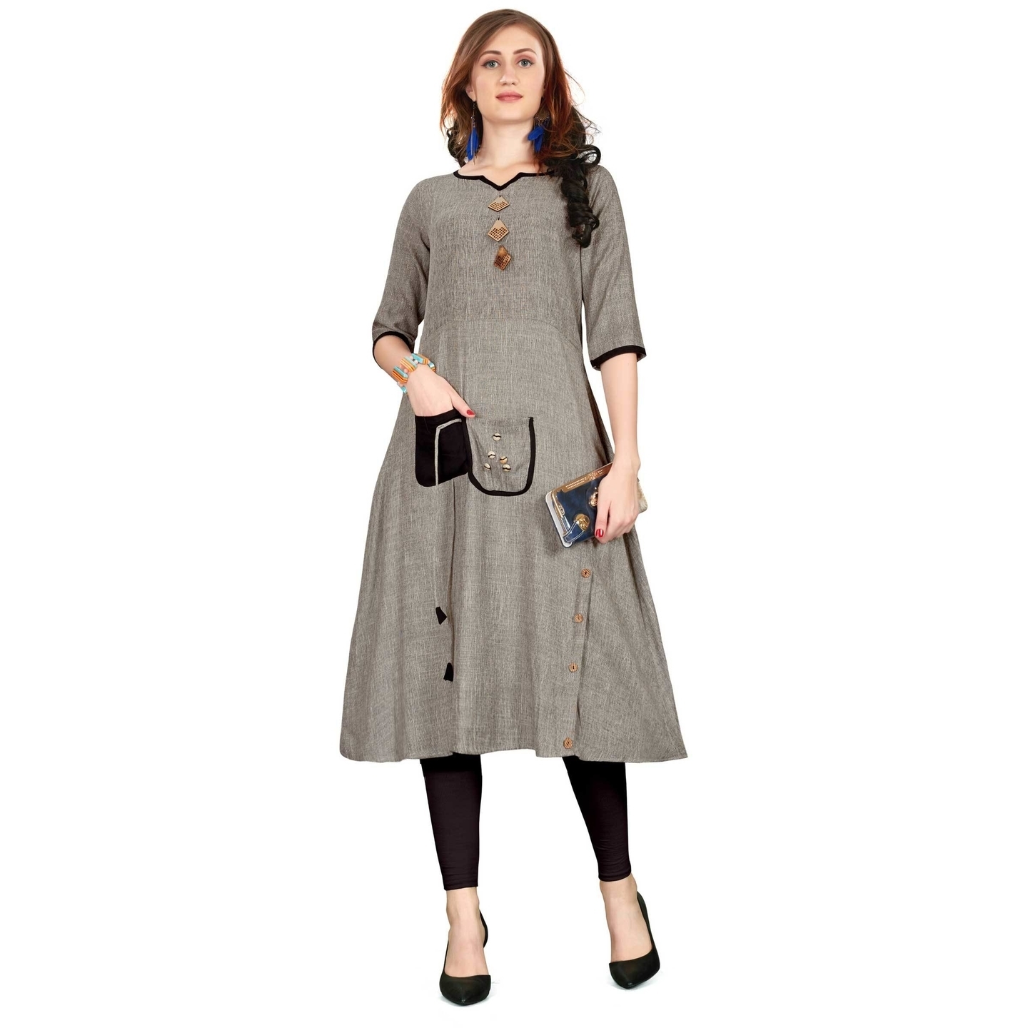 Gray Cotton Blend Plain Straight Party Wear Readymade kurti