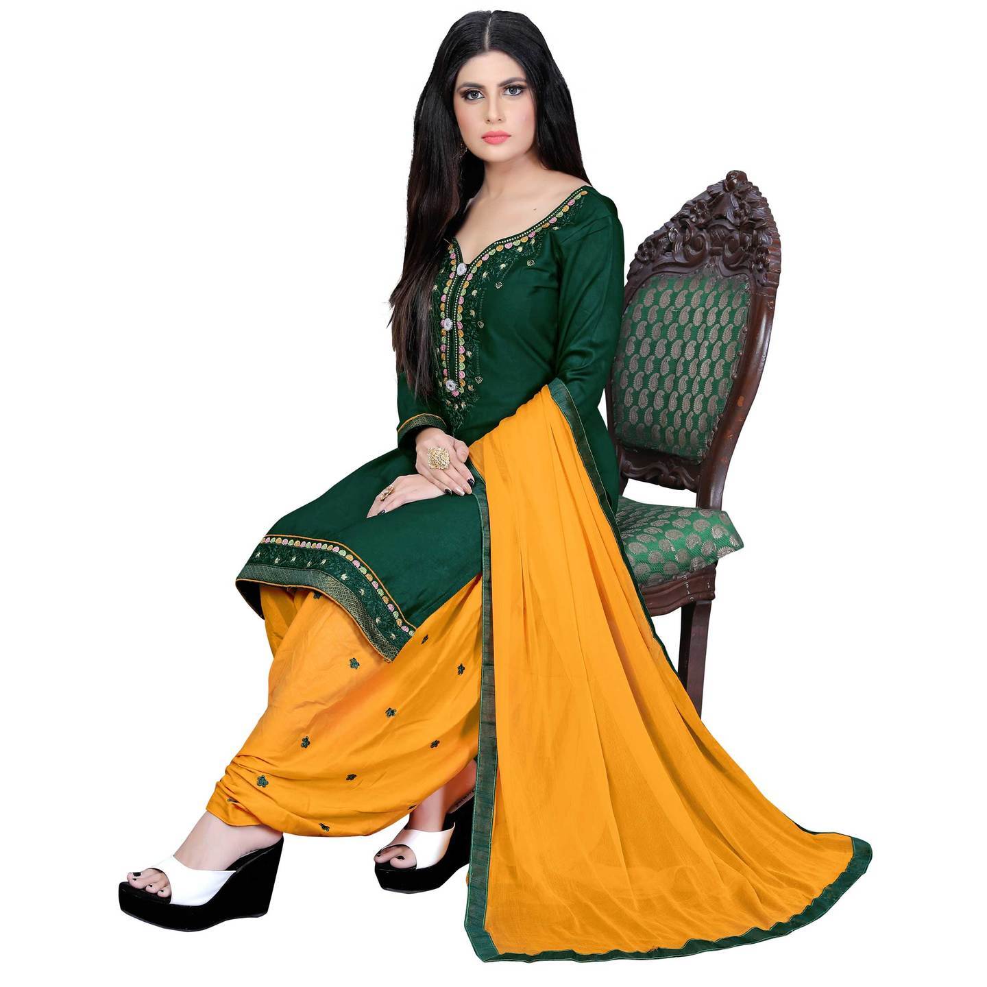 Ticknmart Cotton Green Embroidery Unstitched Salwar Suit Dress Material for Women