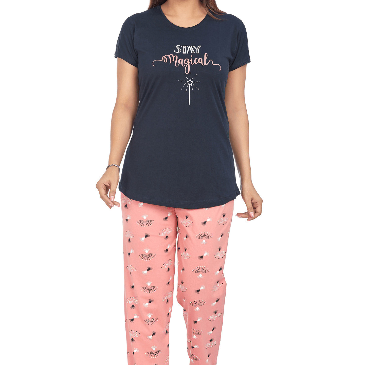 Ticknmart Womens Hosiery Cotton Night Suit (Printed T Shirt & Pajama Set)