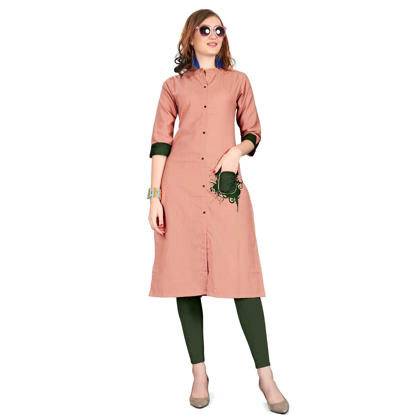 Peach Cotton Blend Plain Straight Party Wear Readymade kurti